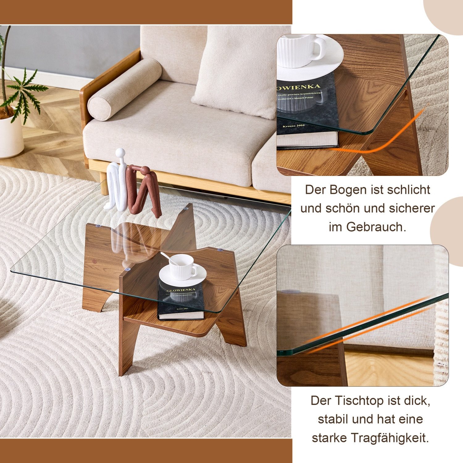 ANYSUN Couchtisch Glas Couchtisch, Wohnzimmertisch, Quadratischer Sofatisch, (Couchtisch für Couch, Schlafzimmer,80× 80×40cm), Ideal für Esszimmer, Wohnzimmer, Büro etc.