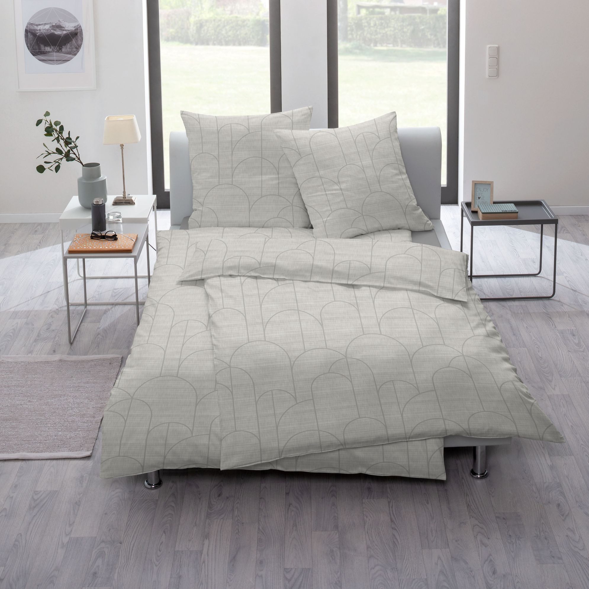 Estella Bettwäsche Estella Mako-Satin Bettwäsche 135x200 Archie ecrue beige Bögen 7915-22, Mako-Satin, 2 teilig, für Sommer und Winter