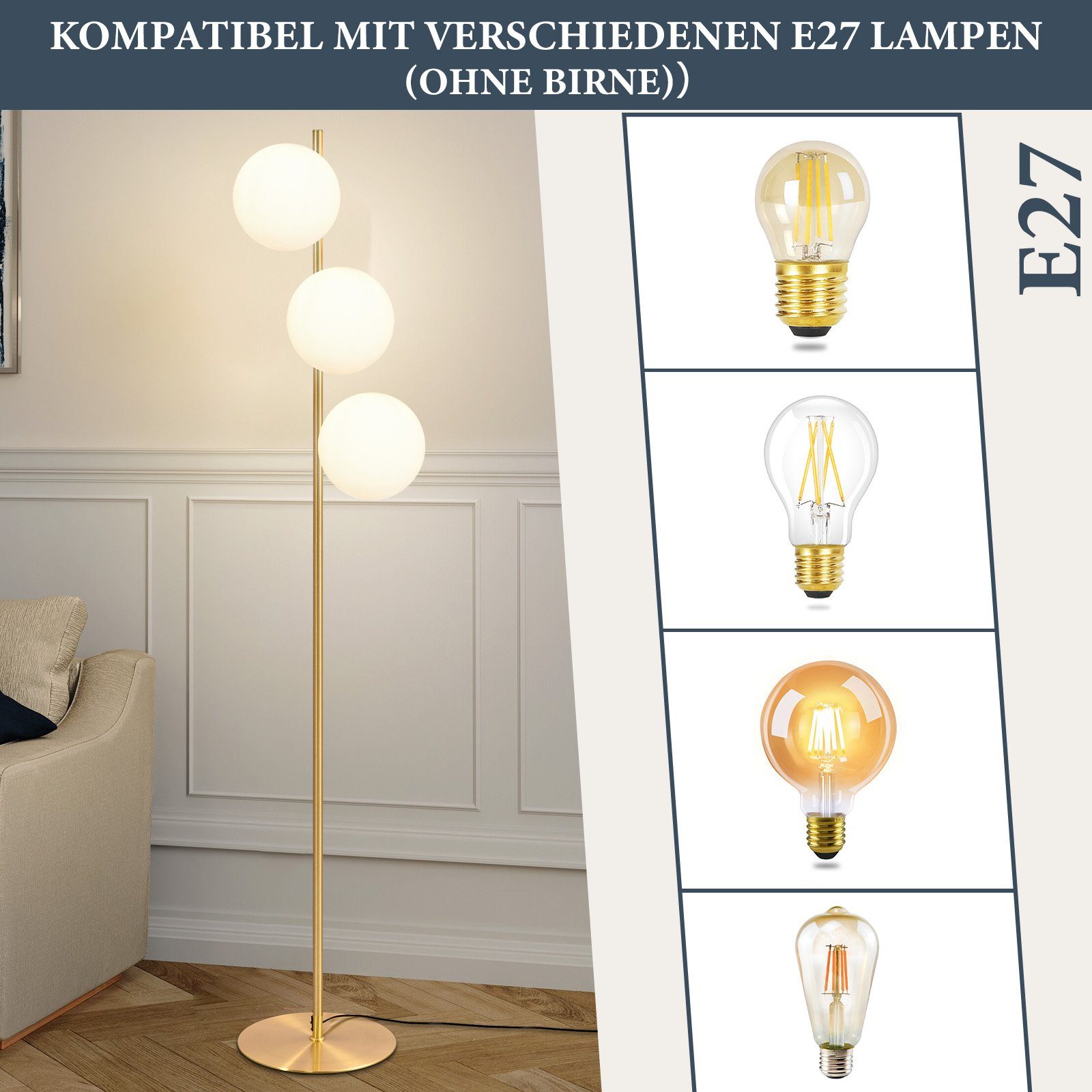 Nettlife Stehlampe Gold Stehleuchte 3 Flammig mit Fußschalter, mit Fußschal günstig online kaufen