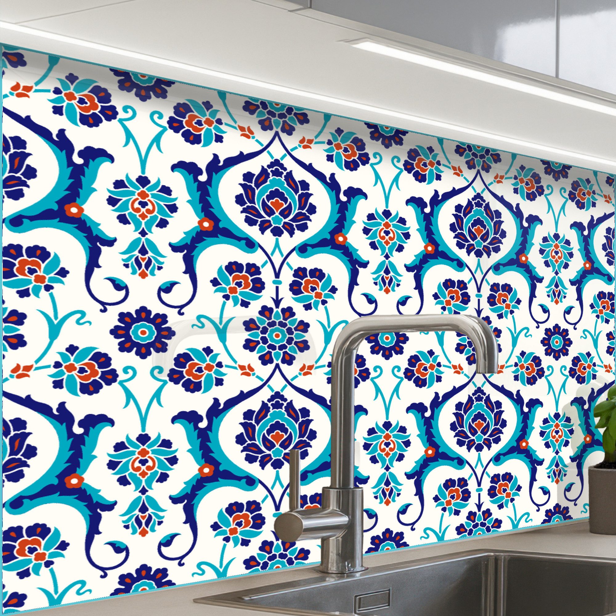 KitchenYeah Küchenrückwand selbstklebend Blumen - Muster - Blau, (1-tlg), S günstig online kaufen