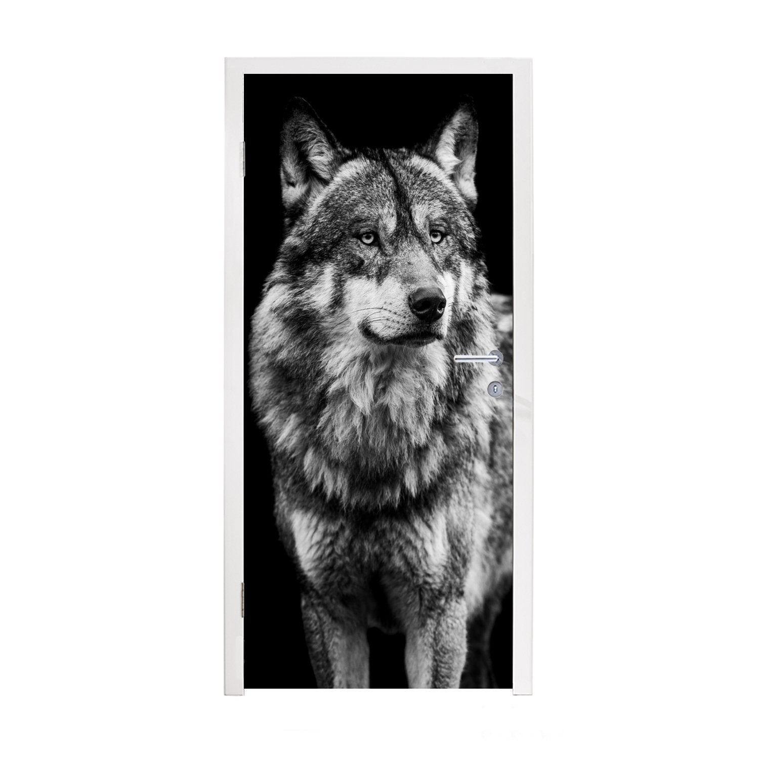 MuchoWow Türtapete Wolf - Tiere - Wild - Schwarz - Weiß, Matt, bedruckt, (1 St), Selbstklebende Tapete, Folie für Möbel, 75x205 cm