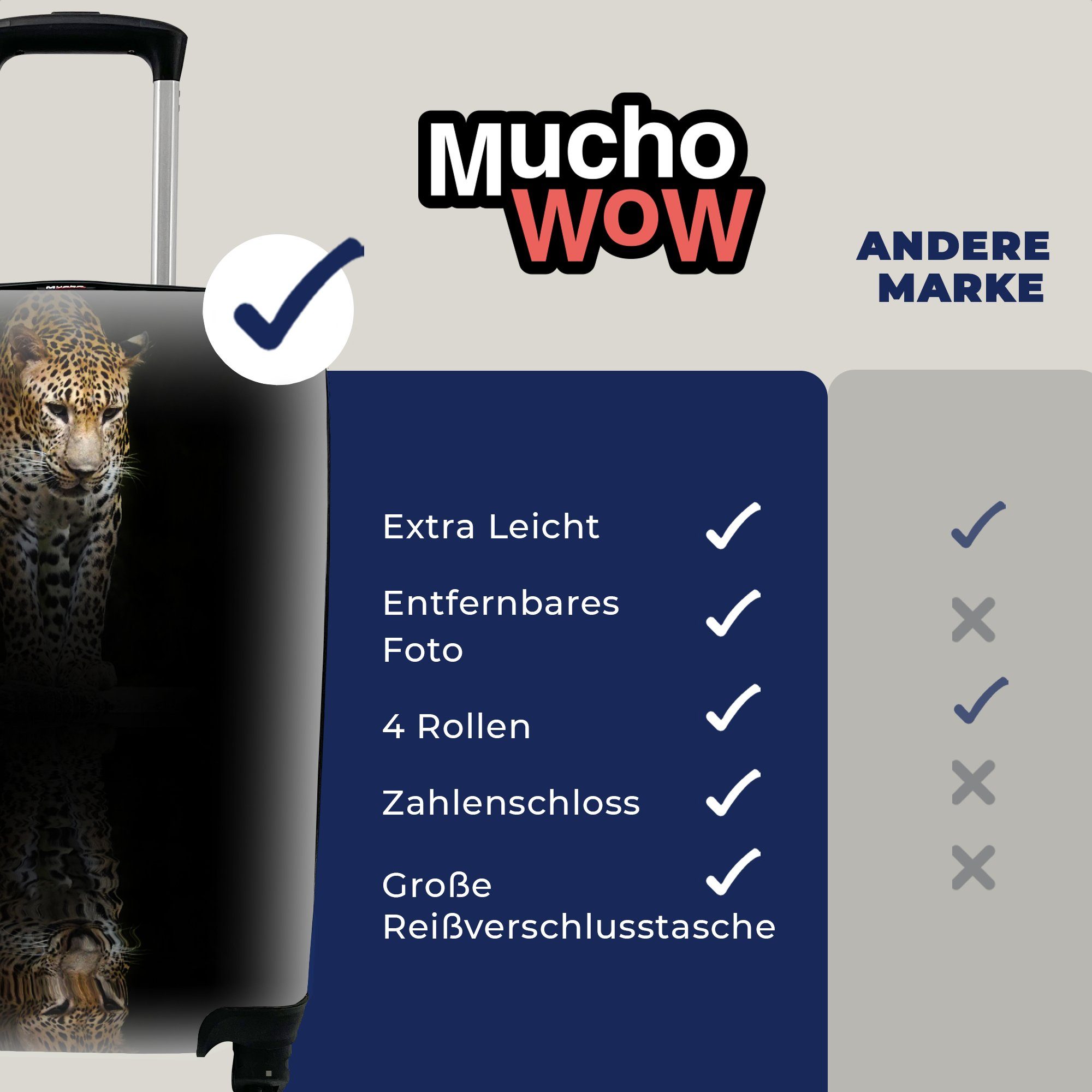 MuchoWow Handgepäckkoffer Leopard - rollen, Ferien, - Reflexion für mit Handgepäck Rollen, Reisekoffer Trolley, 4 Reisetasche Schwarz