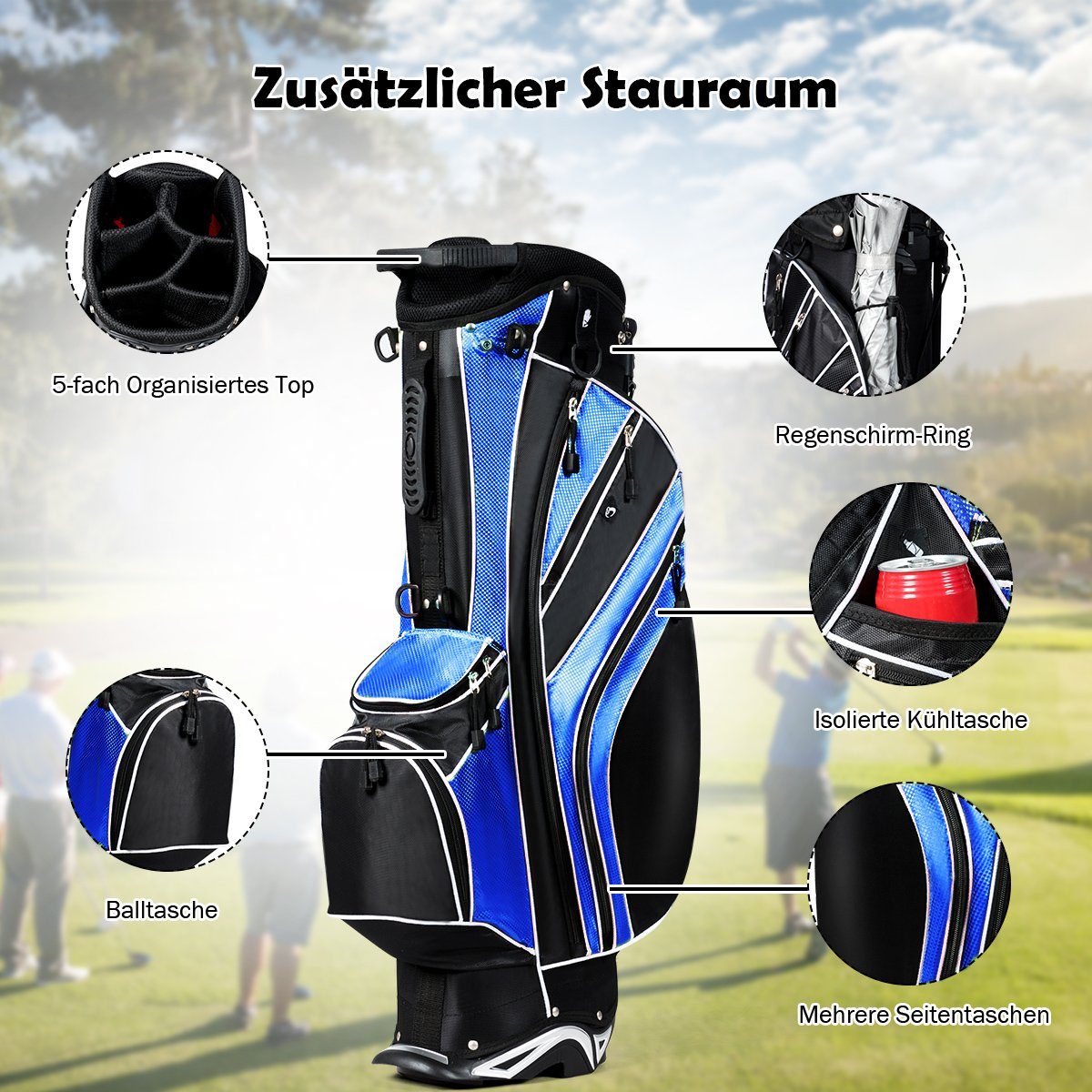 Regenschirmhalter COSTWAY Ständer, + Golftrolley mit blau+schwarz Golfbag,