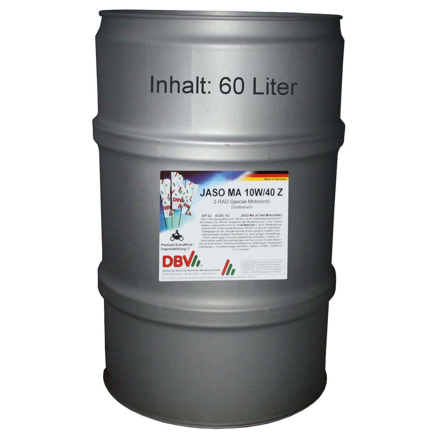 DBV Motoröl 10W-40 DBV-Zweirad-Special-Motorenöl JASO MA (4-Takt) 60-Liter-Fass