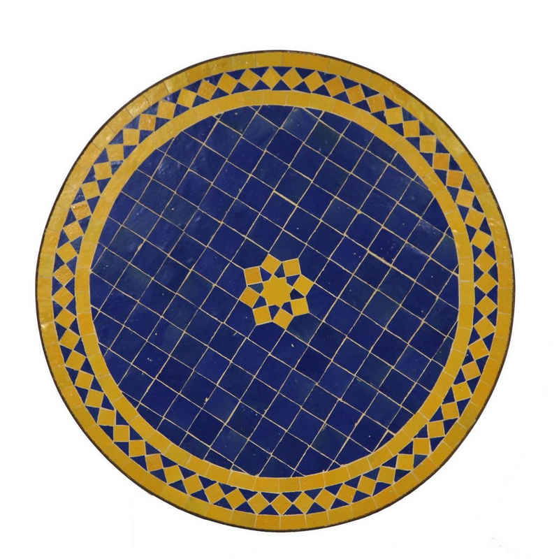 Casa Moro Gartentisch »Marokkanischer Mosaiktisch M60-17 blau gelb glasiert Ø 60cm rund mit Gestell Höhe 75 cm Kunsthandwerk aus Marrakesch Dekorativer Beistelltisch Balkontisch, MO10003«, Handmade