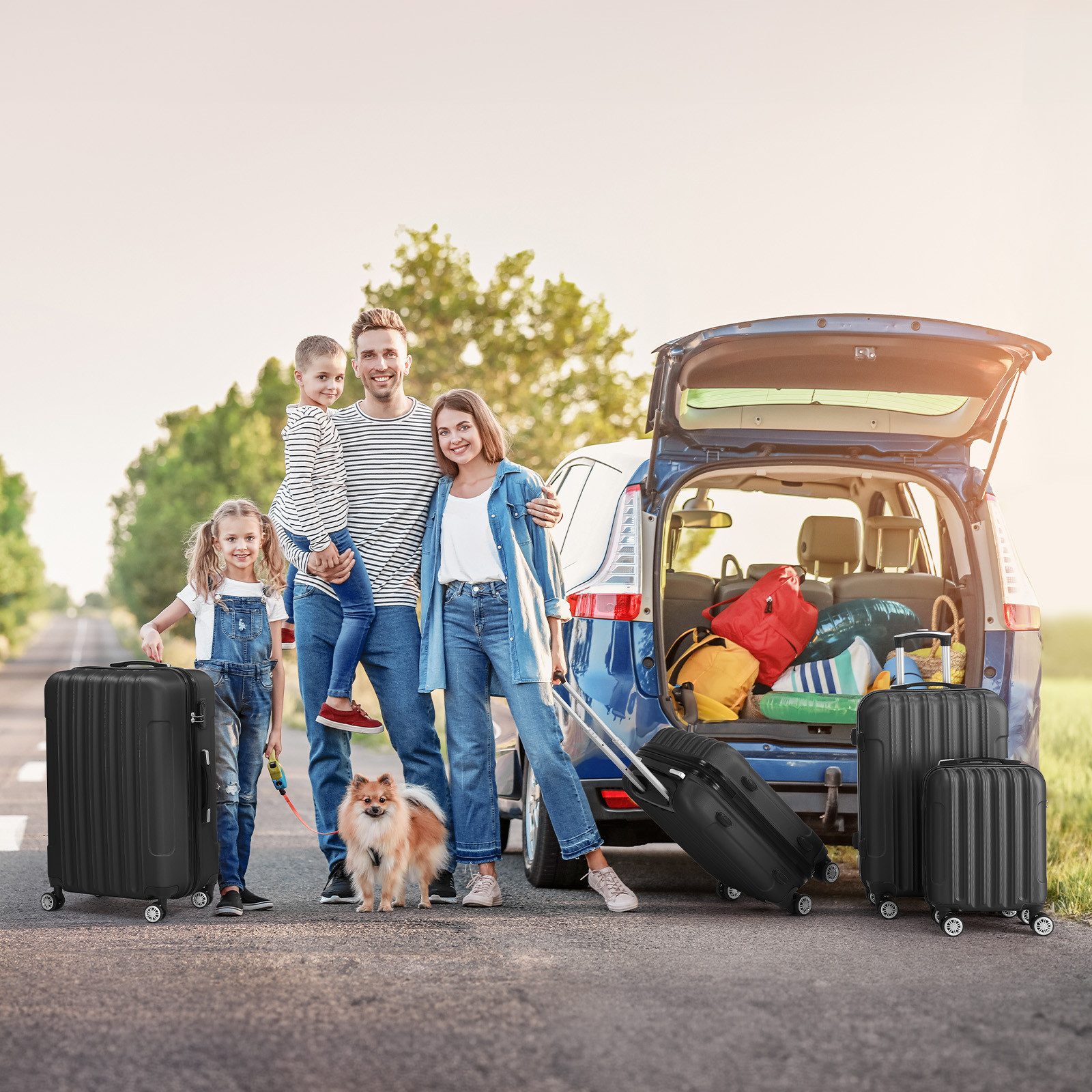 LALAHO Trolley Kofferset Hartschale Reisekoffer, 360° Rollen, 4 Rollen, 4er Set Handgepäck, moderner Koffer, Teleskopstange, Schwarz – Bild 5 von 5