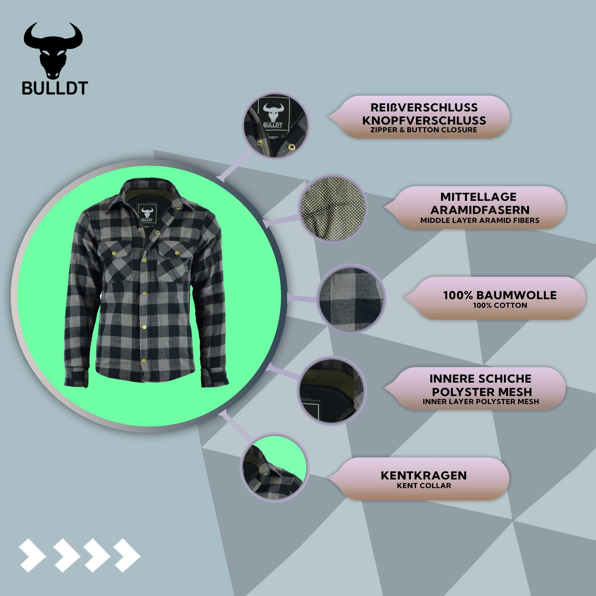 BULLDT Motorradjacke BLD1201 (mit 4 CE-Protektoren) BULLDT Herren Motorradhemd Holzfäller-Look Hemd