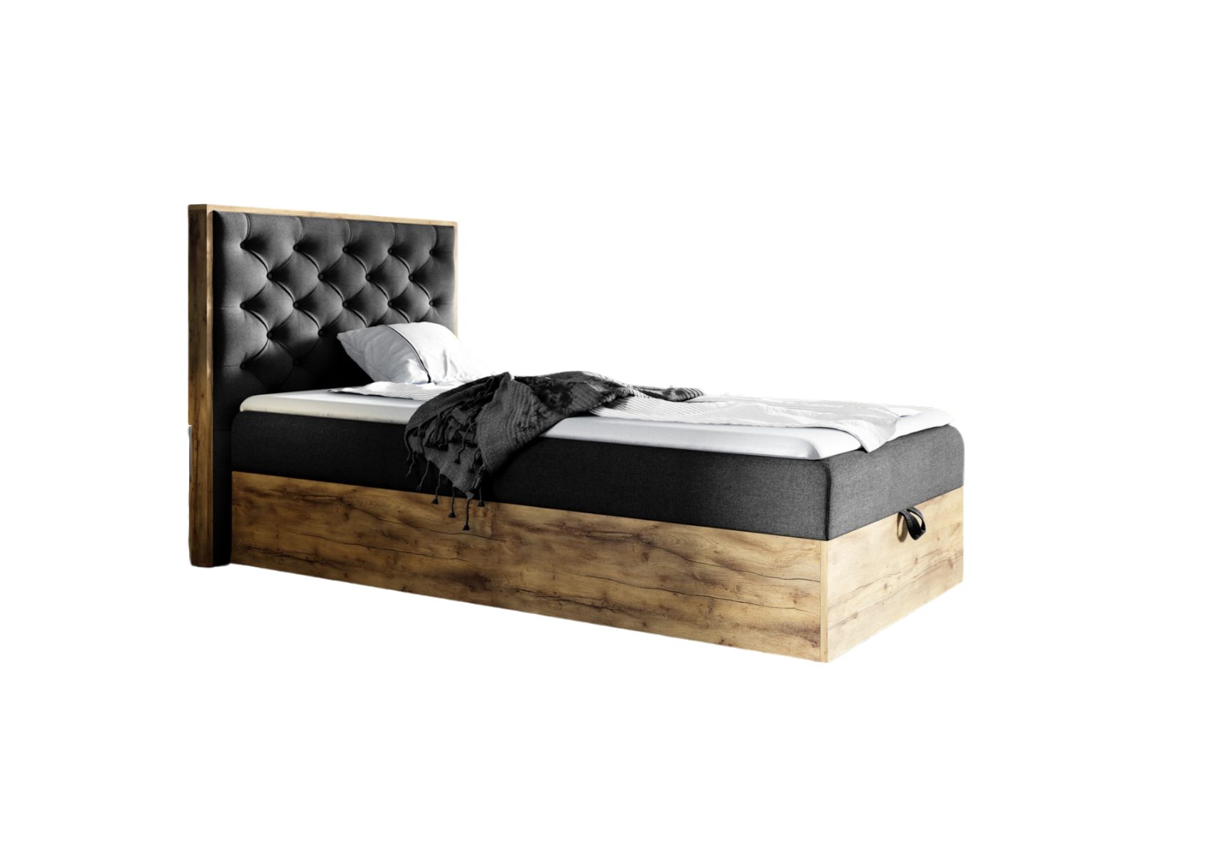 Fun Möbel Boxbett Gästebett Einzelbett Bett DIONA MINI in Stoff (Artisan-Eiche Optik, in drei Größen), Inkl. Bettkasten und Topper