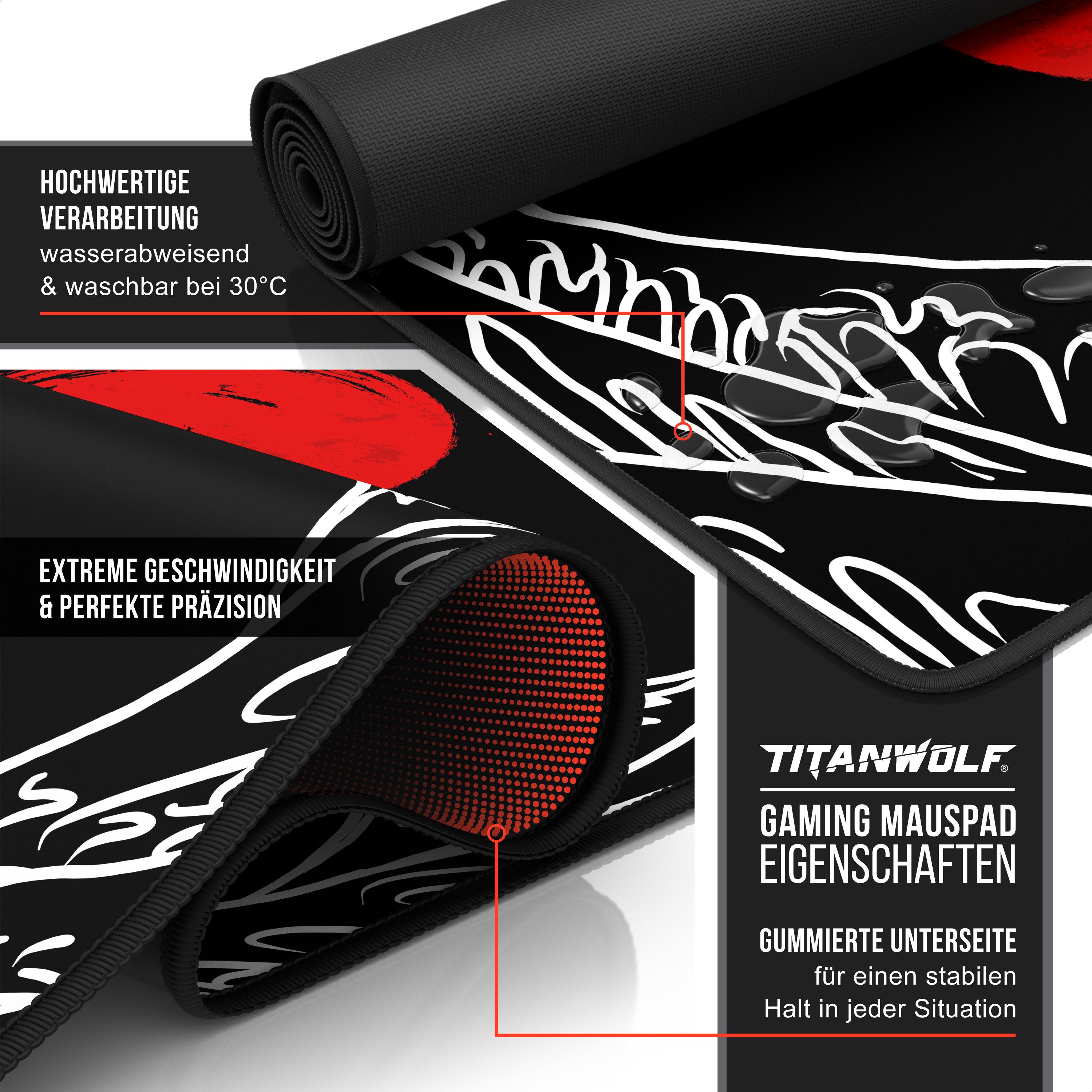 Titanwolf Gaming Mauspad XXL Speed Mousepad 900 x 400 x 3 mm, Schreibtischauflage, abwaschbar, rutschfeste Rückseite, Geschwindigkeit & Präzision, Great Wave Black