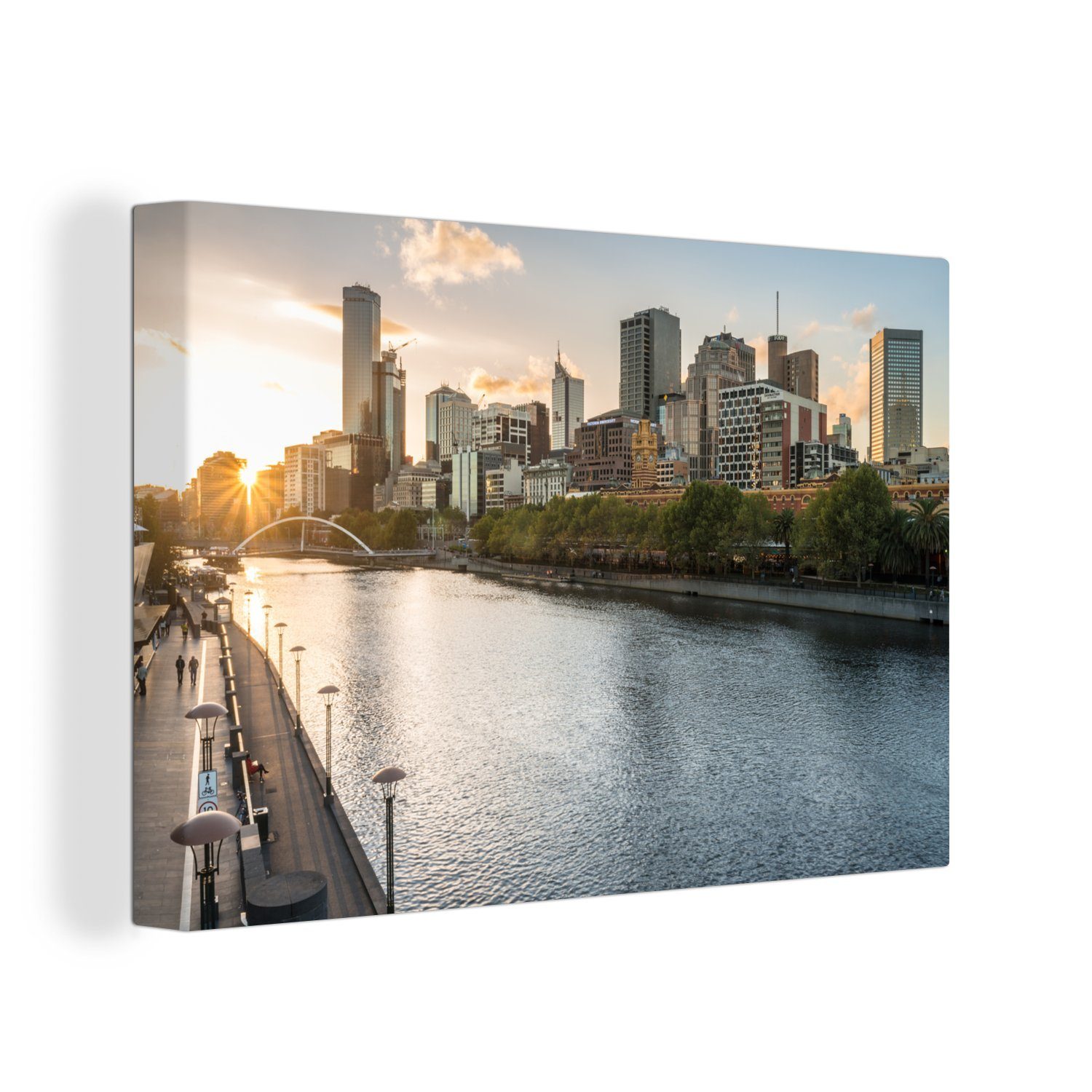 OneMillionCanvasses® Leinwandbild Sonnenuntergang hinter den Gebäuden von Melbourne, Australien, (1 St), Wandbild Leinwandbilder, Aufhängefertig, Wanddeko, 30x20 cm