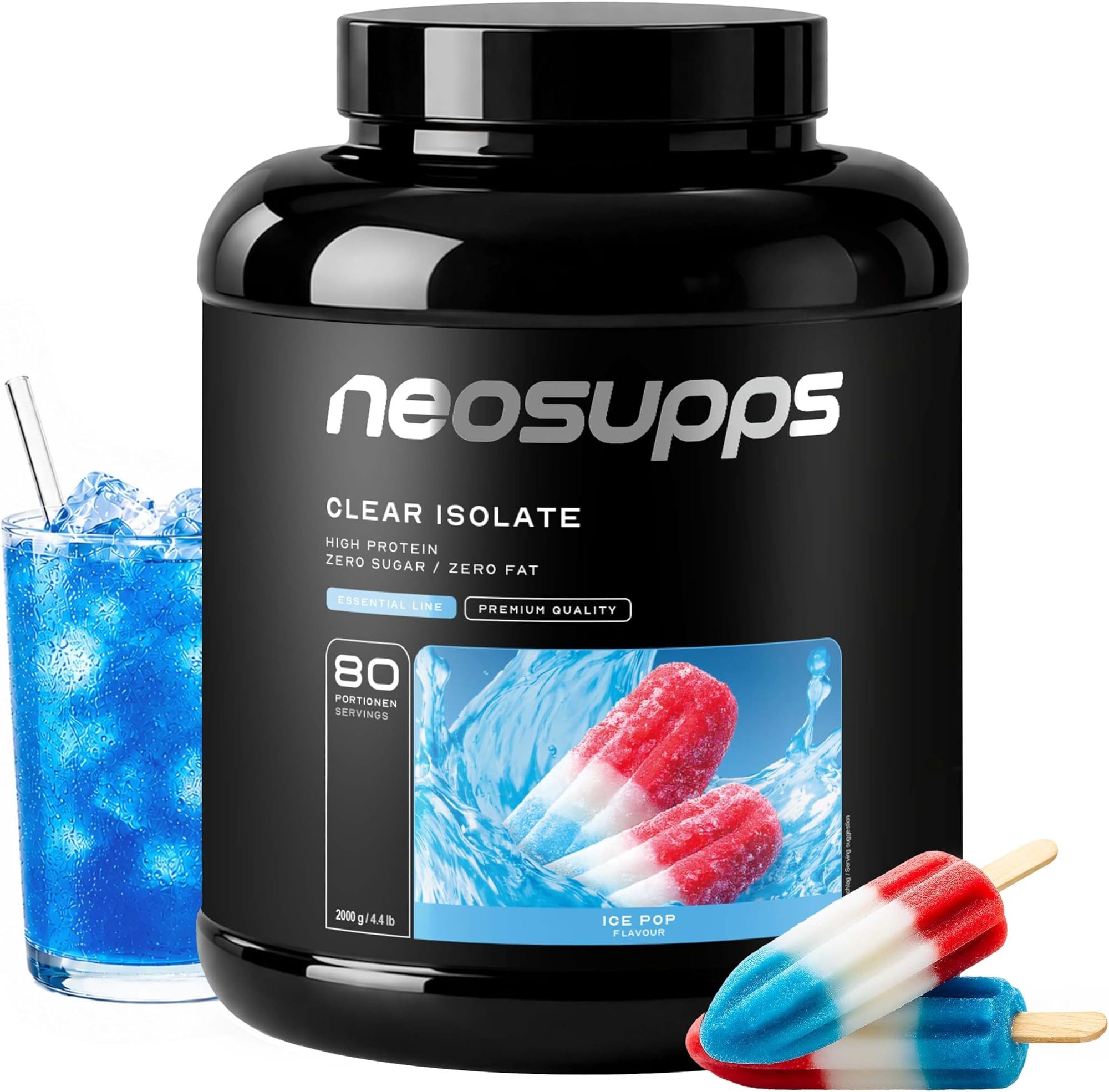 Neosupps Clear Whey Isolat Protein Pulver 2000g, Ice Pop Geschmack Pulver, 2000 g, Made in Germany, Hochwertiger Molkenprotein Isolat