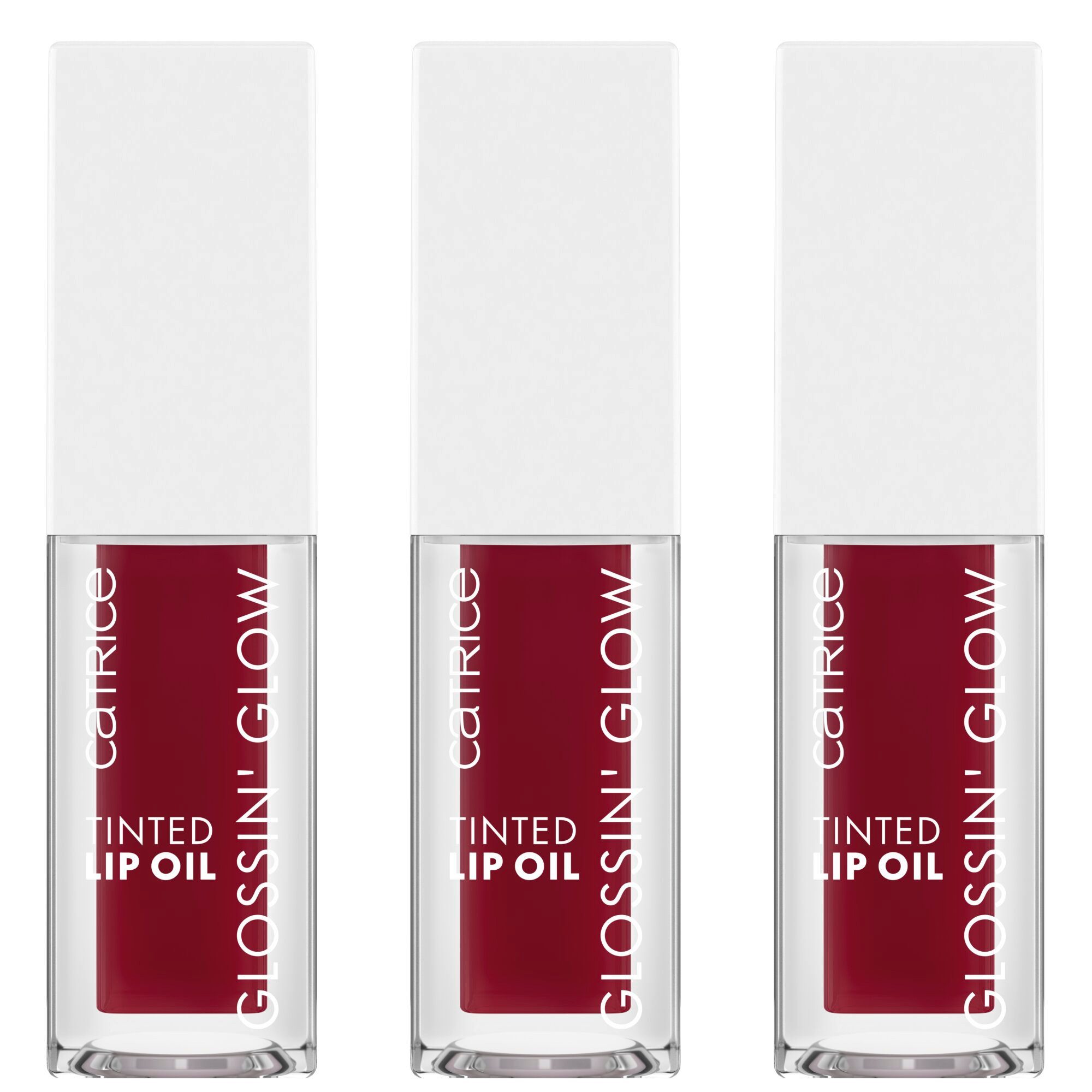 Catrice Lipgloss Glossin' Glow Tinted Lip Oil, 3-tlg., Leicht pigmentiert, pflegt die Lippen mit Kirsch- und Granatapfelöl.