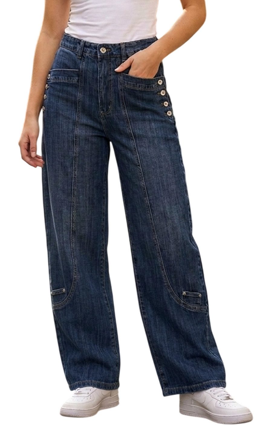 ESViViD Loose-fit-Jeans Modische Wide-Leg-Jeans mit Teilungsnähten und tollen Details 5-Poicket, kleine Tasche am Hosenbein