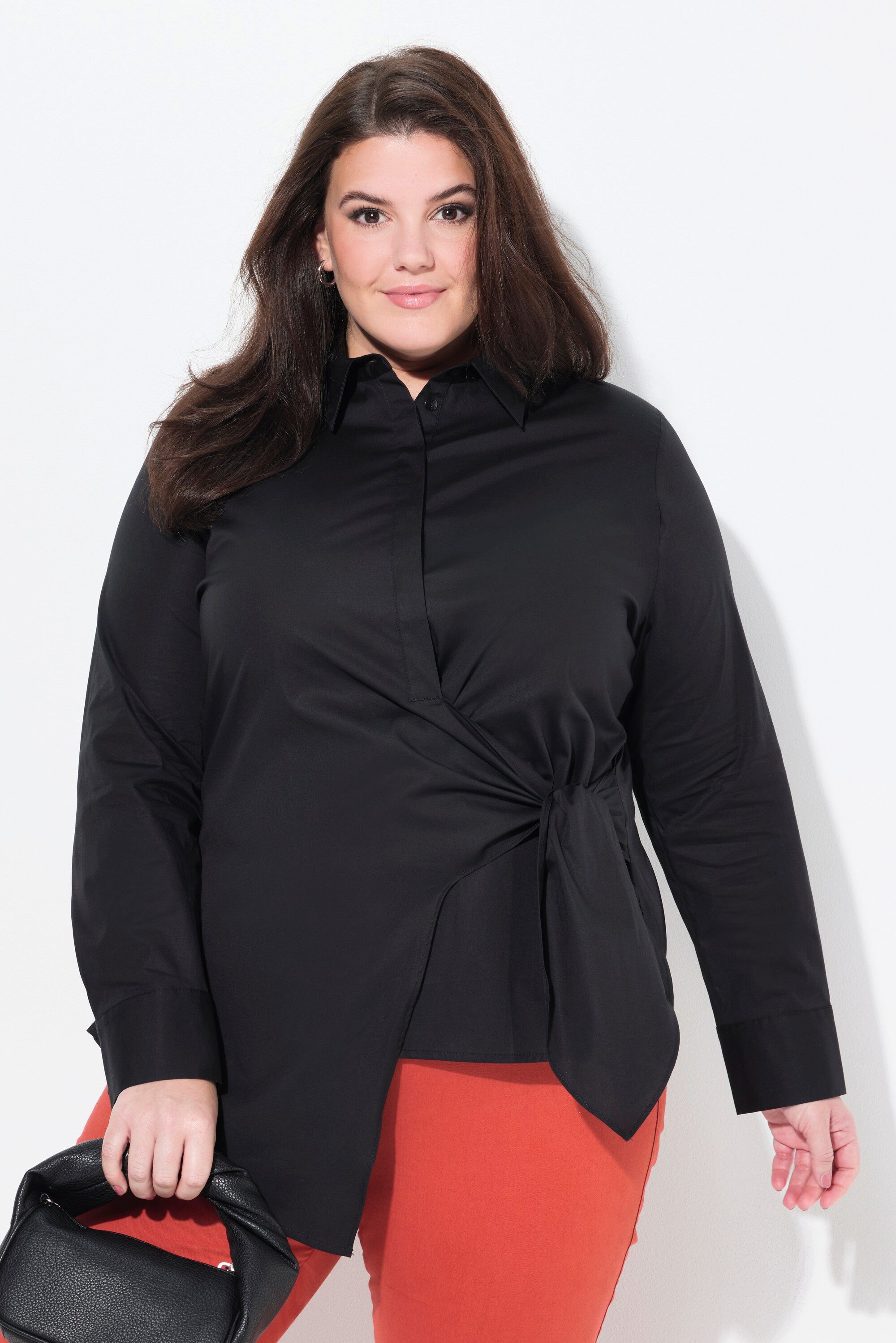 Ulla Popken Hemdbluse Bluse drapiert Hemdkragen Langarm Biobaumwolle