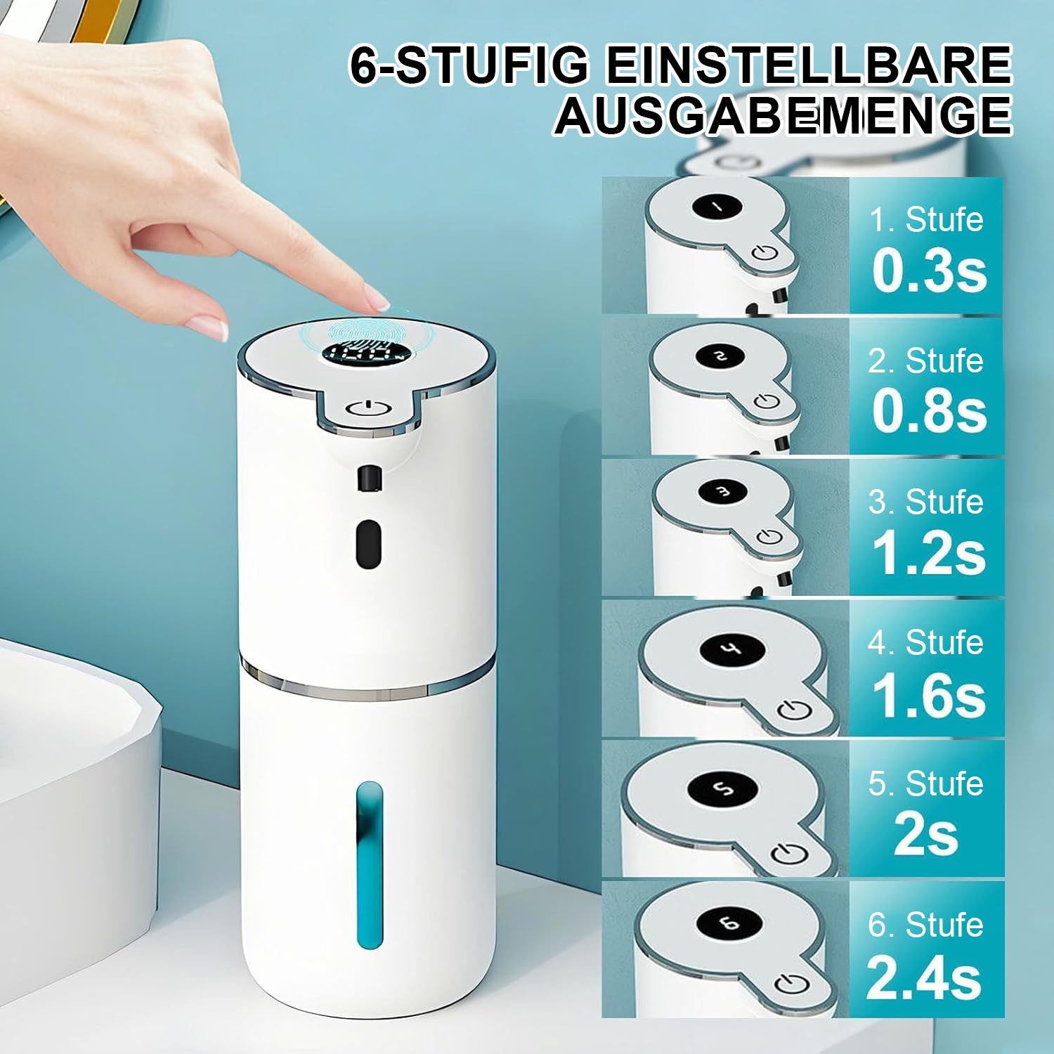 AIMAX Seifenspender Automatisch 380ml Wandbefestigung USB Wiederaufladbar, (IPX5 Wasserdicht, 6 Stufen Wasserdicht Elektrisch Berührungslos Elektrischer), mit Sensor Verstellbar schaumseifenspender für Küchen, Bad, Schule