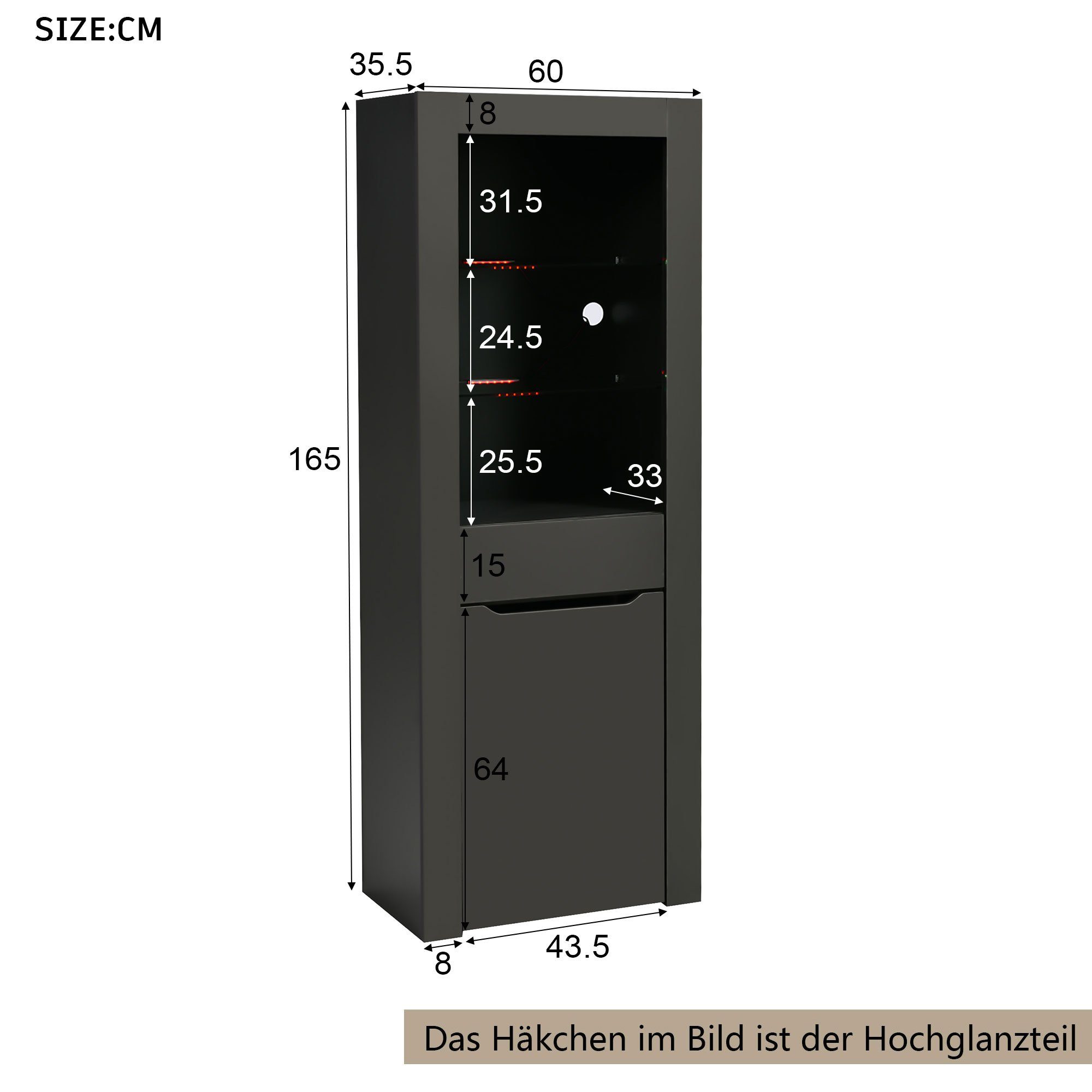 Grau Wohnzimmer Vitrinenschrank für mit REDOM Regalen Küche Aktenschrank Esszimmer Büro Standvitrine (Aktenschrank Küchenschrank Aufbewahrungsschrank, Vitrine Bücherschrank)