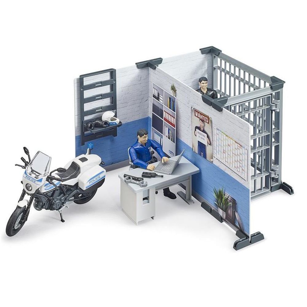 Maßstab bworld Polizist, Spielwelt Polizeimotorrad, 1:16, mit Spielfigur Gefängiszelle - Polizeistation Bruder® 62732