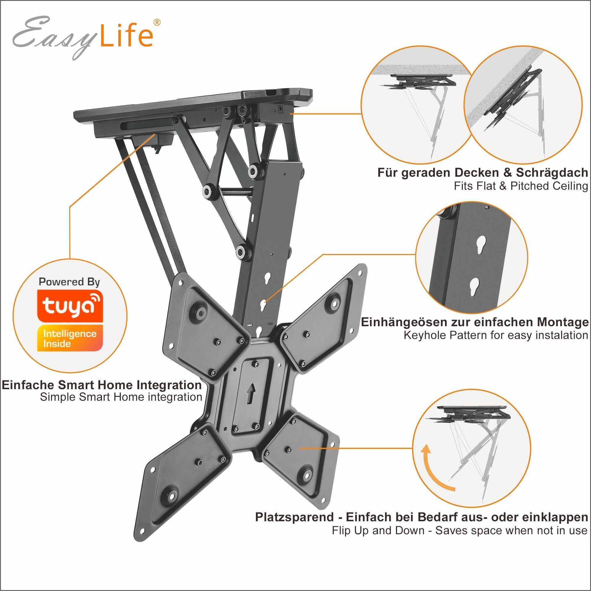 EasyLife TV-Deckenhalterung TV Deckenhalter elektrisch schwenkbar 23-55", VESA 400x400 (schwarz), (bis 55 Zoll)