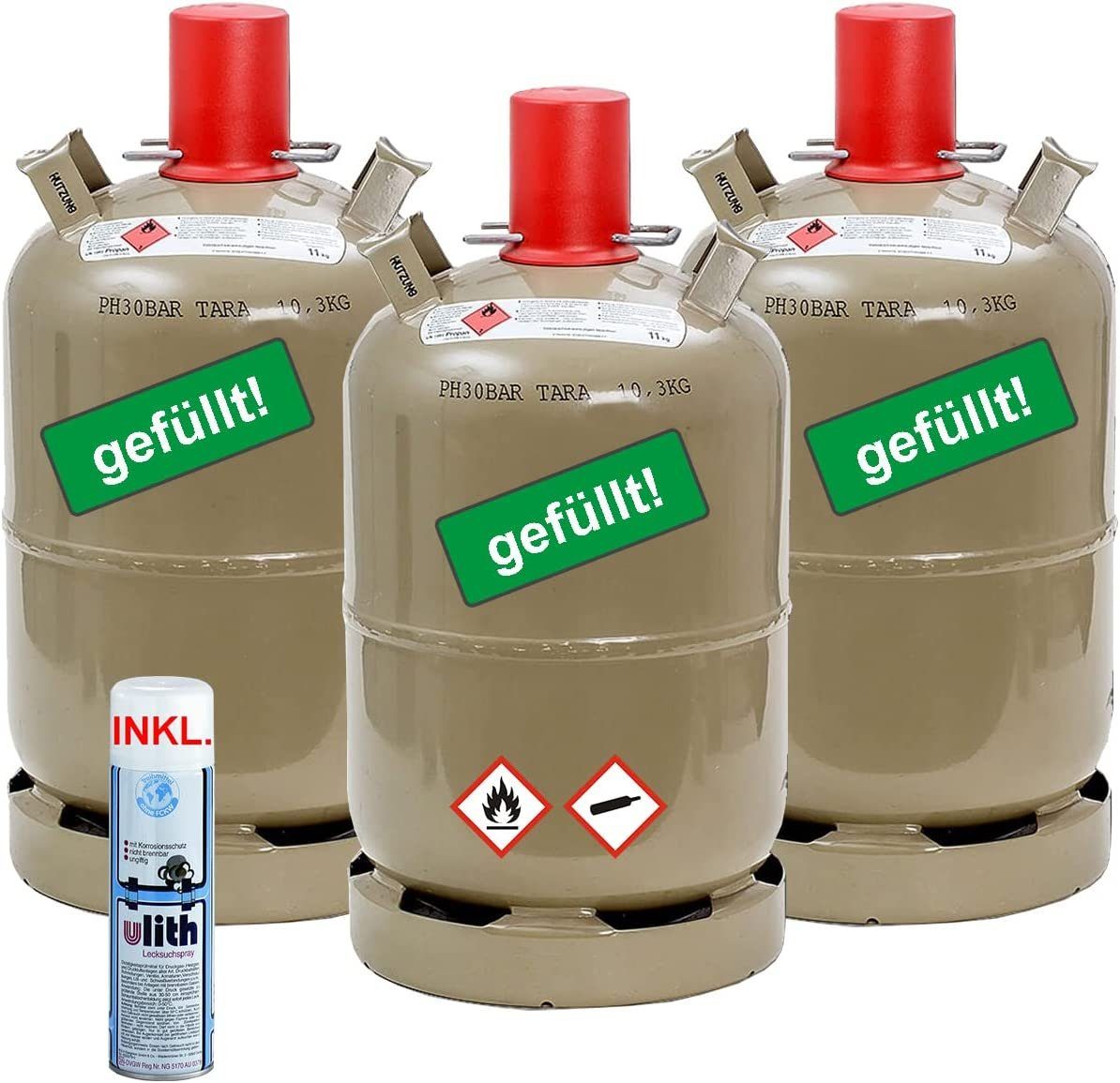 BlueCraft Gas, 3x 11 kg, Propan GasFlasche gefüllt Inkl. Lecksuchspray