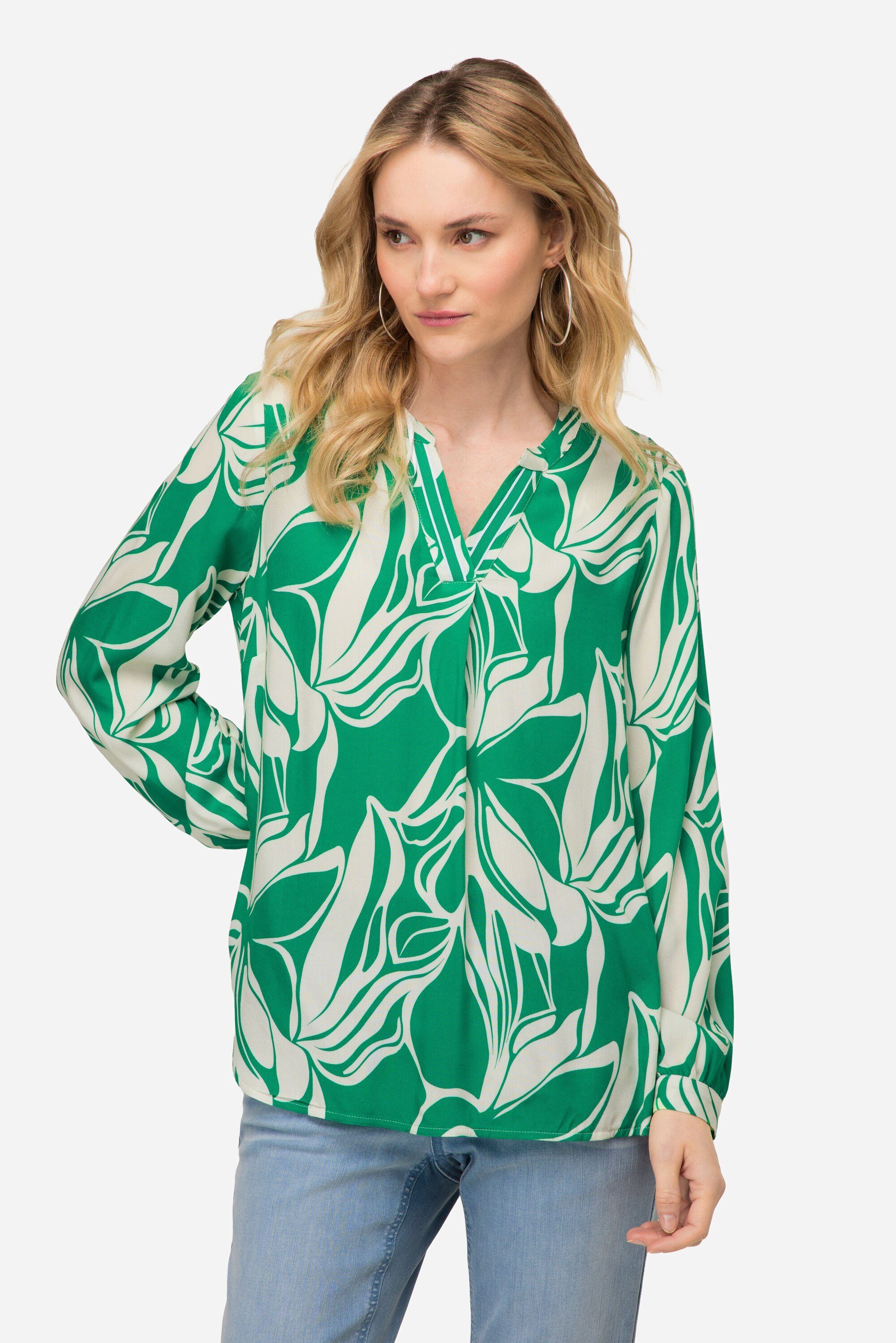 Hemdbluse Bluse grafischer Blütenprint Stehkragen Langarm