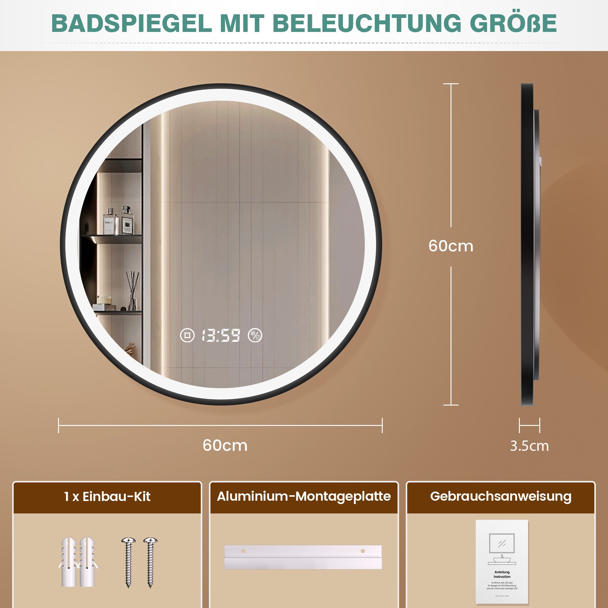 PESENXAN Badspiegel Runder LED Spiegel mit Beleuchtung, LED Badezimmerspieg günstig online kaufen