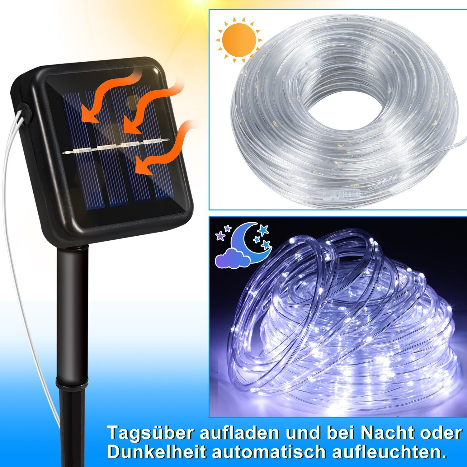 Lichtschlauch LED-Lichterschlauch Wasserdicht Lichterkette Solar Lichterschlauch 20m LED Kaltweiß Gimisgu