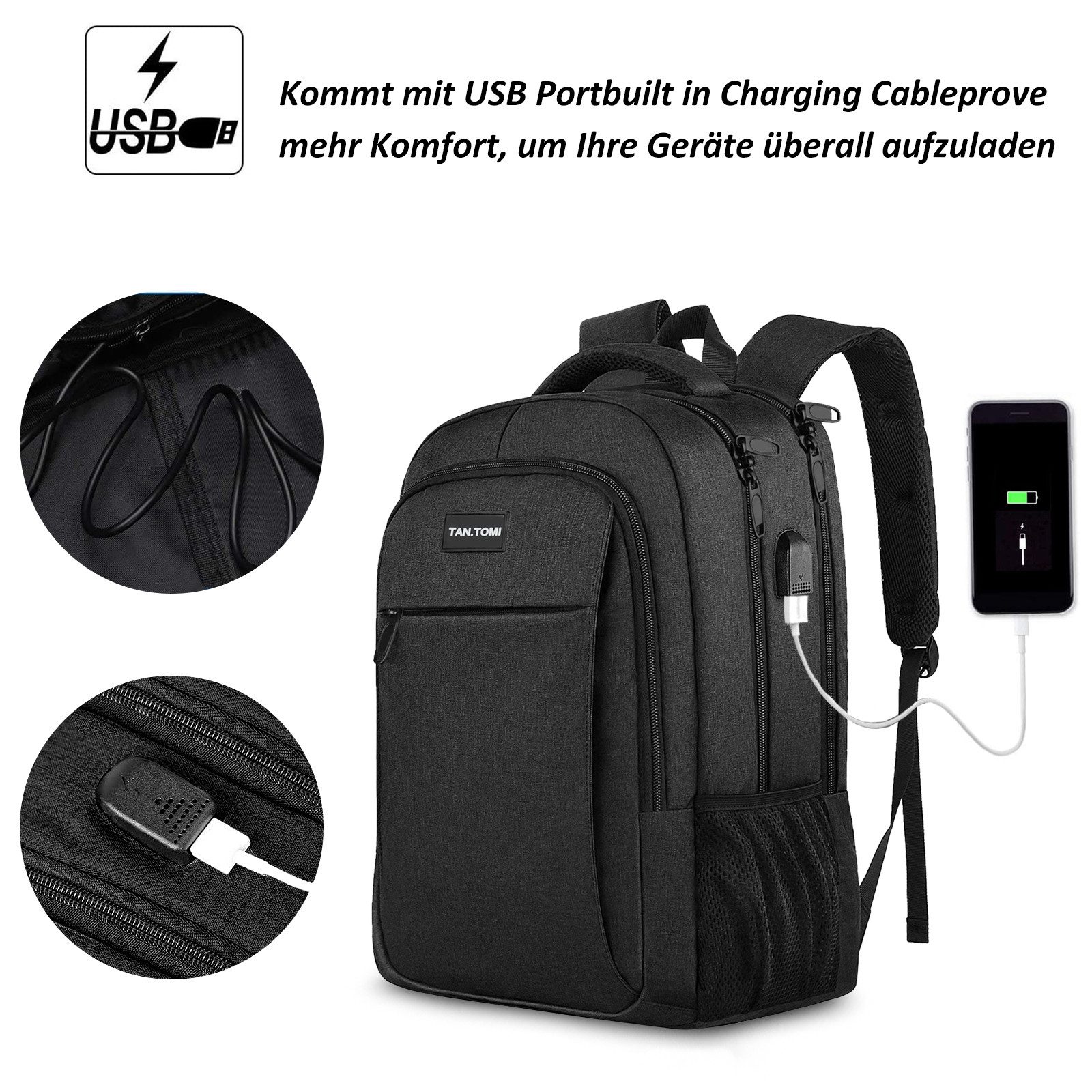 TAN.TOMI Rucksack Laptop-Rucksack Herren mit USB-Ladebuchse, Große Kapazität Casual Rucksack für 15,6" Laptop