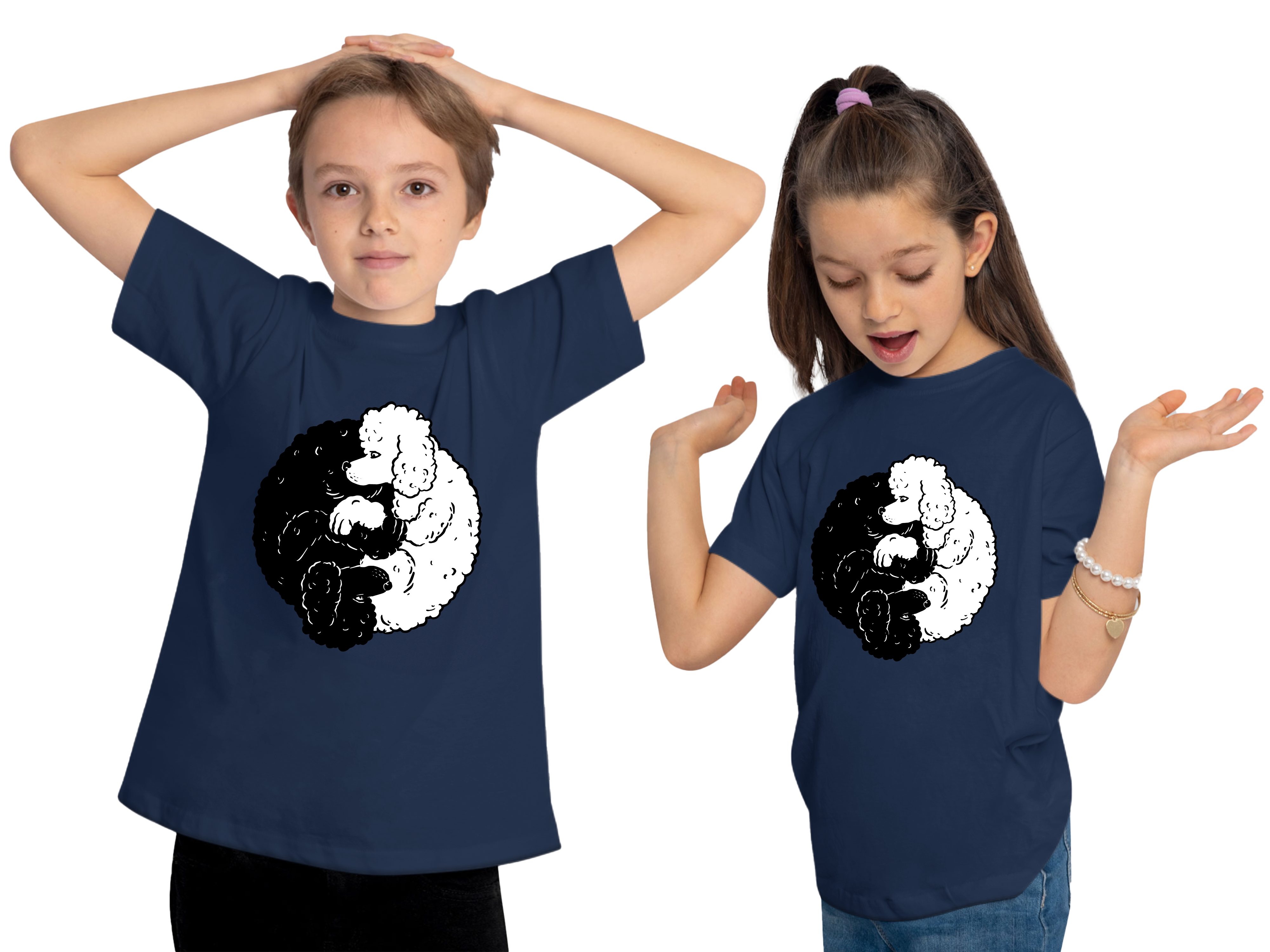 Print-Shirt Kinder - navy Baumwollshirt Yang Aufdruck, Hunde MyDesign24 i235 bedruckt T-Shirt Yin mit Pudel blau