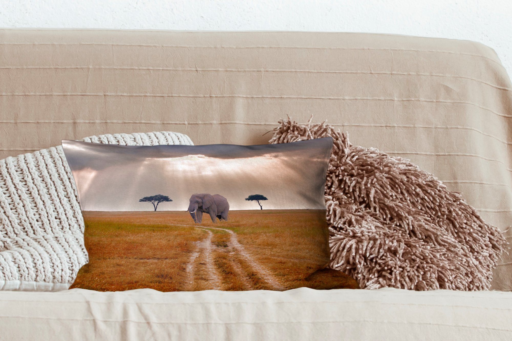 Elefant - Wiese Wohzimmer Dekokissen Zierkissen, Dekoration, - - mit Dekokissen Tiere Sonne, Füllung, Schlafzimmer MuchoWow