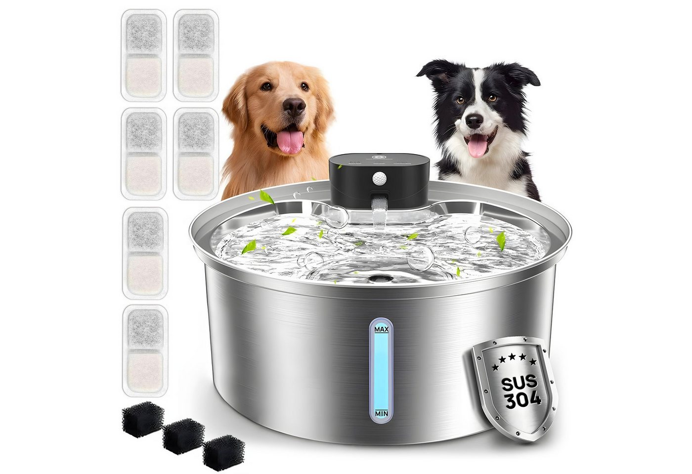 AKKEE Trinkbrunnen 3,2 L Katzenbrunnen Edelstahl Wasserspender Für Katze und Hunde, Mit Sensor-Timer Kabellos 6x Filterwatte