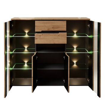 Lomadox Highboard MANRESA-36, inkl. LED-Beleuchtung in Artisan Eiche Nb. mit Graphit : 145/127/38 cm