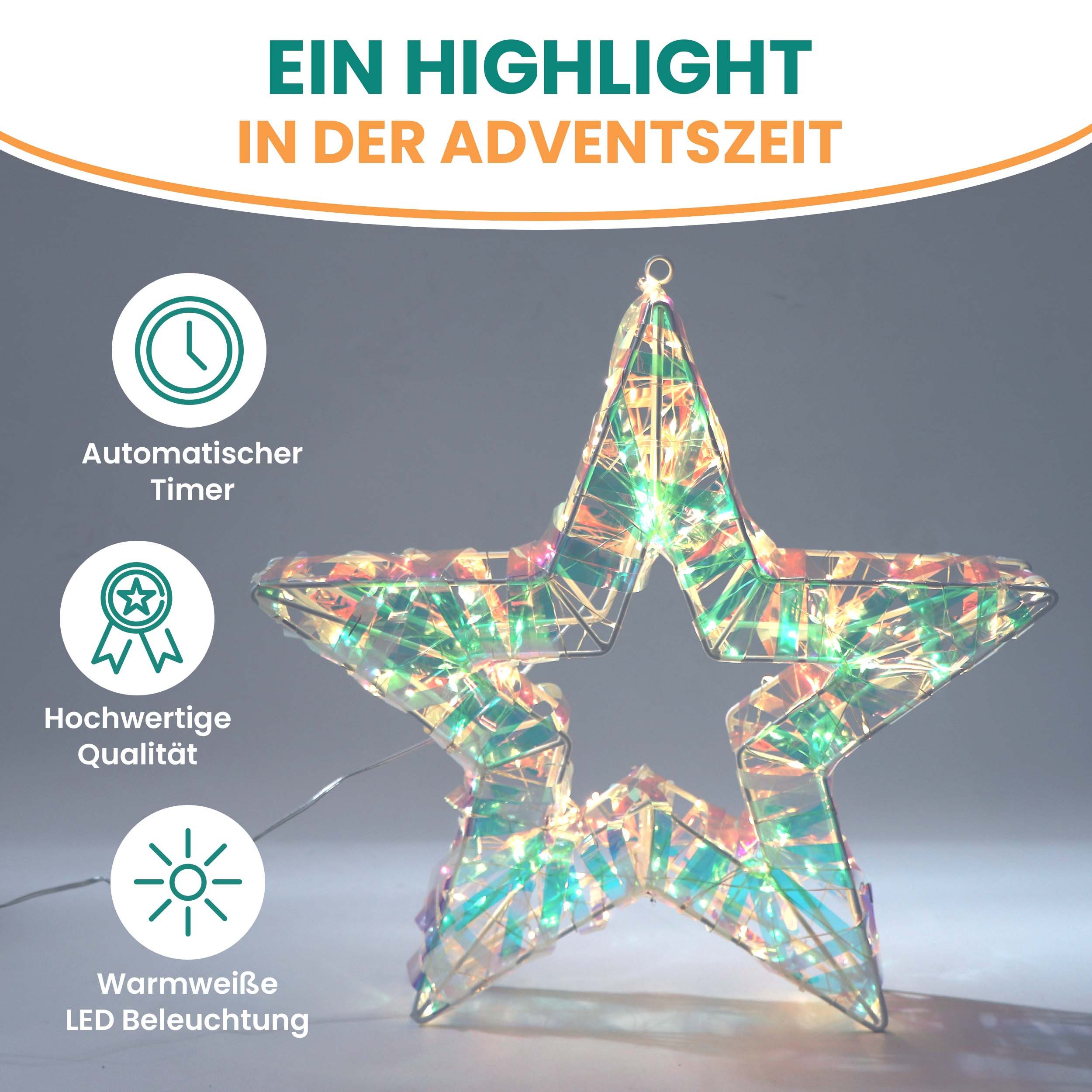 Gartenpirat LED-Lichterkette Stern 40x40cm/Tanne 63x46cm in Regenbogenfarben mit LED warmweiß Timer, Timer-und Schalter-Funktion: Schalter mit 3 Funktionen(ON/OFF/TIMER)
