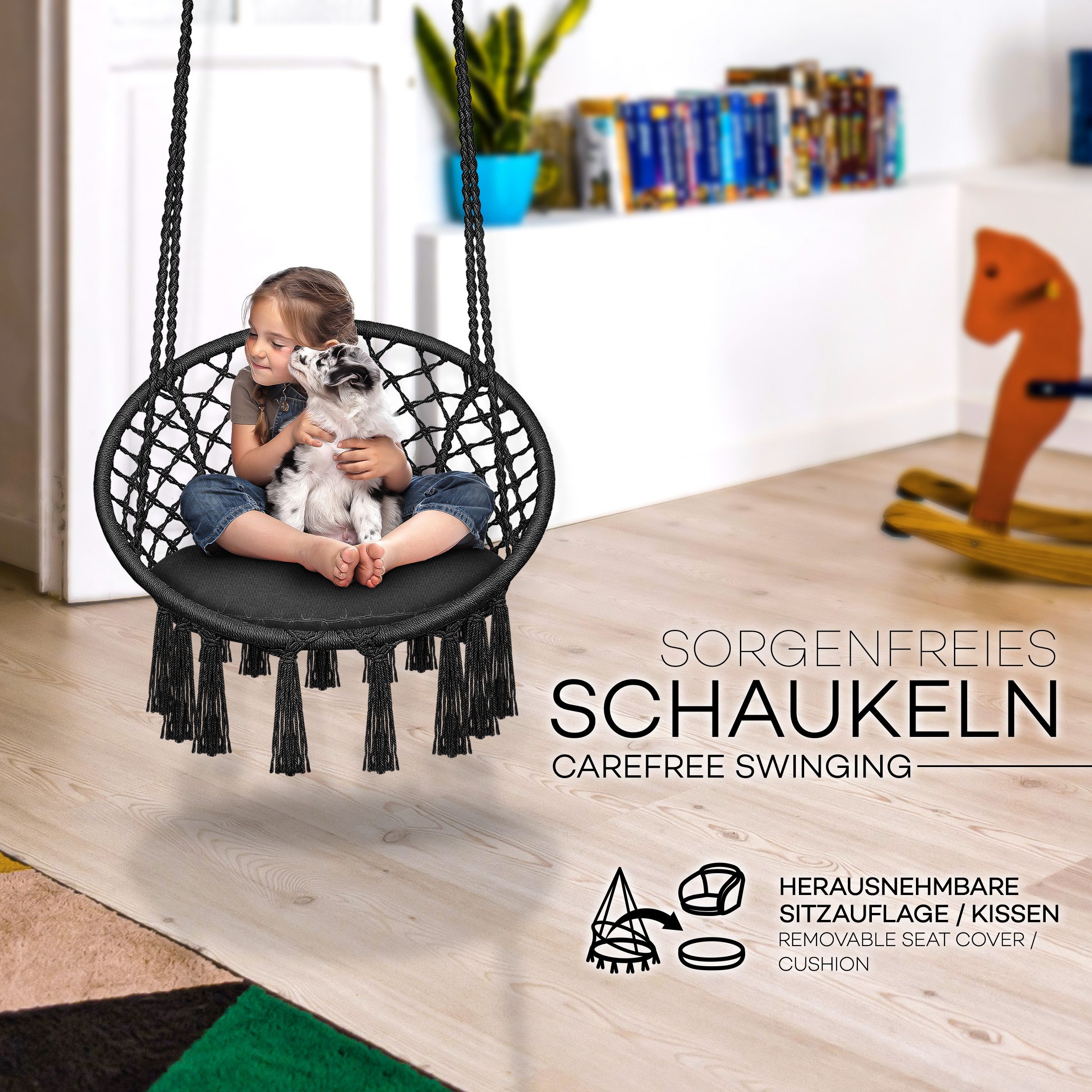 tillvex Hängesessel tillvex® Hängesessel Hängestuhl Hängeschaukel Hängekorb Hängesitz (Set, Hängesessel, Kissen, 4 Seile mit 2 Stahlringen), Kissen – Bild 4 von 5
