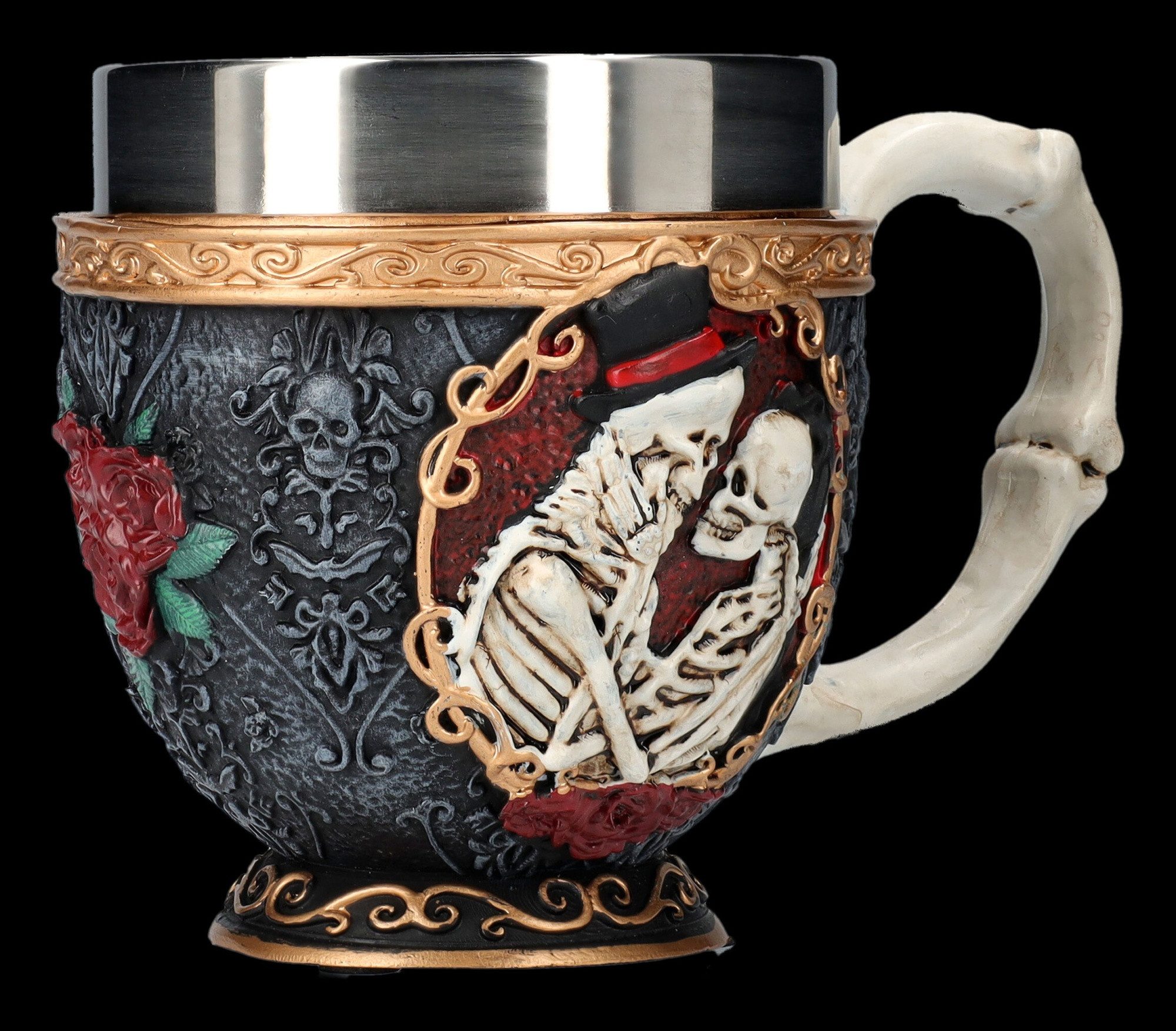 Figuren Shop GmbH Tasse Teetasse - Skelett Liebespaar - Fantasy Gothic Kaffeetasse Deko Tasse, Kunststein (Polyresin), Edelstahl