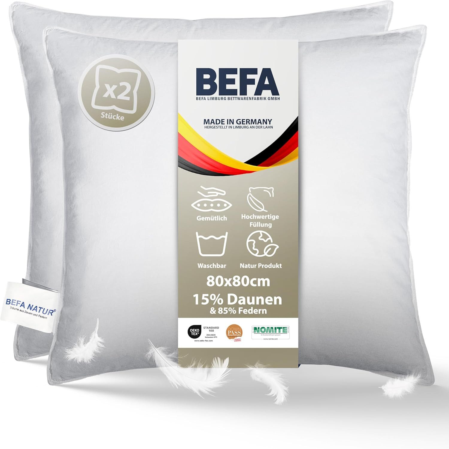 BEFA NATUR Federkissen Deluxe mit weichen Daunenanteil veredelt 80x80 cm Feder-Daunenkissen, Füllung: 15% Daunen, 85% Federn, Bezug: Baumwolle, Seitenschläfer, Rückenschläfer, Spar-Set, 2 tlg., Made in Germany - himmlischer Schlafkomfort - Allergiker geei