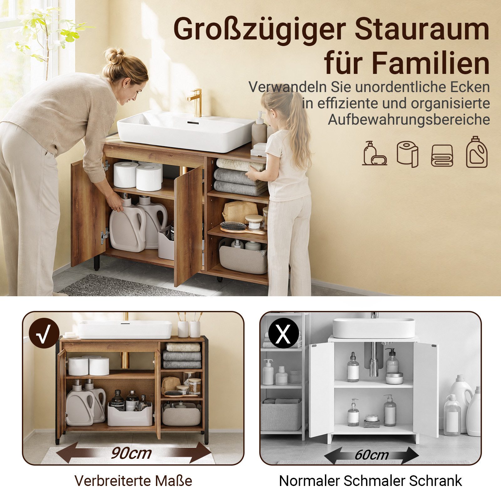 SoBuy Waschbeckenunterschrank BZR63, Waschtischunterschrank Badezimmer Unterschrank mit U-Aussparung extra lang, Breite 90cm, offene Fächer, höhenverstellbare A – Bild 5 von 5