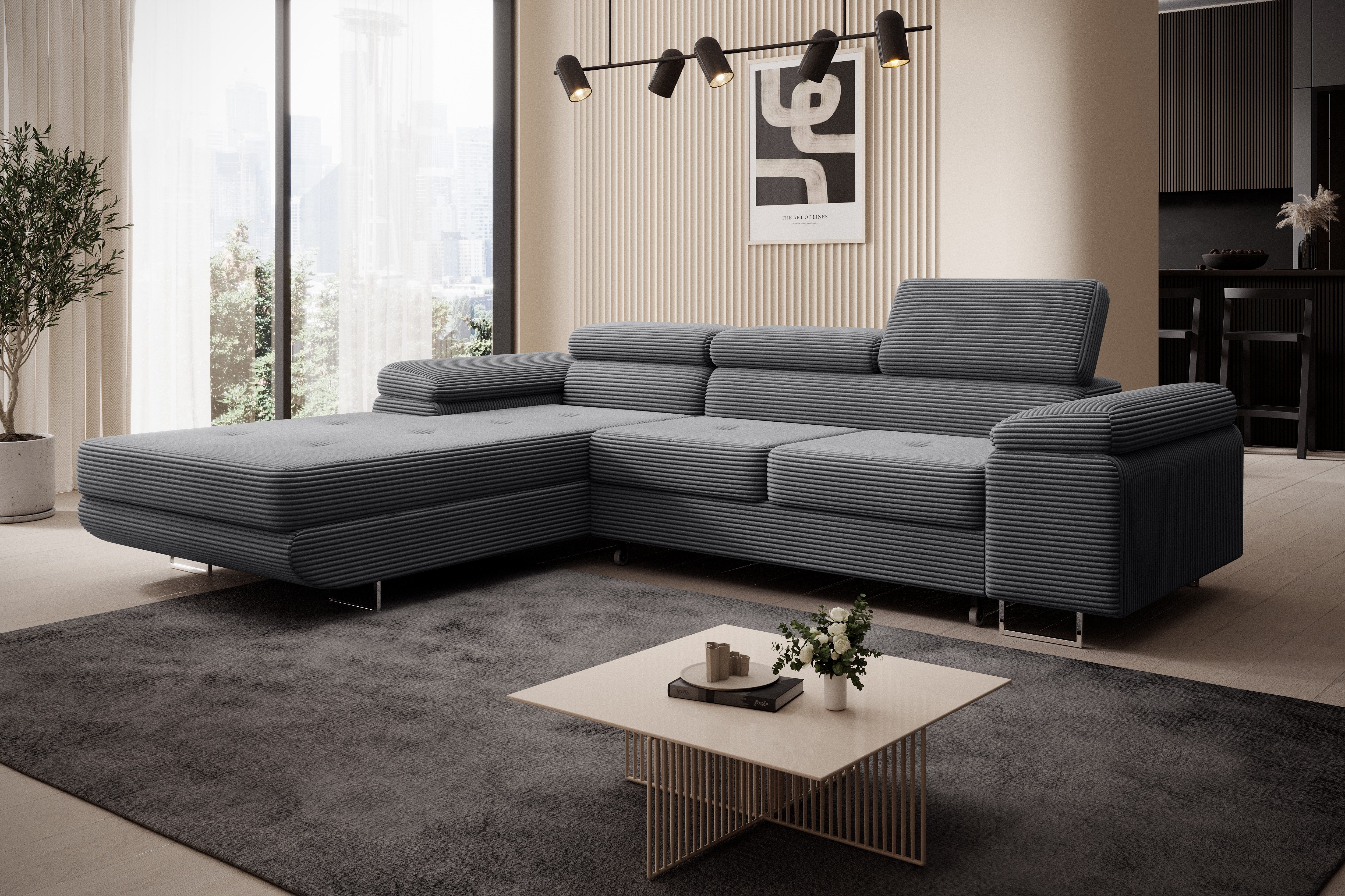 thematys Ecksofa ALVARO 250 x 183cm mit Schlaffunktion & Bettkasten –, L-Sofa mit 4 verstellbaren Kopfstützen, Strukturstoff (Inari), Cord (Poso), Leder (Soft), Leder (Soft)/Velours (Sawana) - L-Form, Wohnlandschaft, 250 cm breit