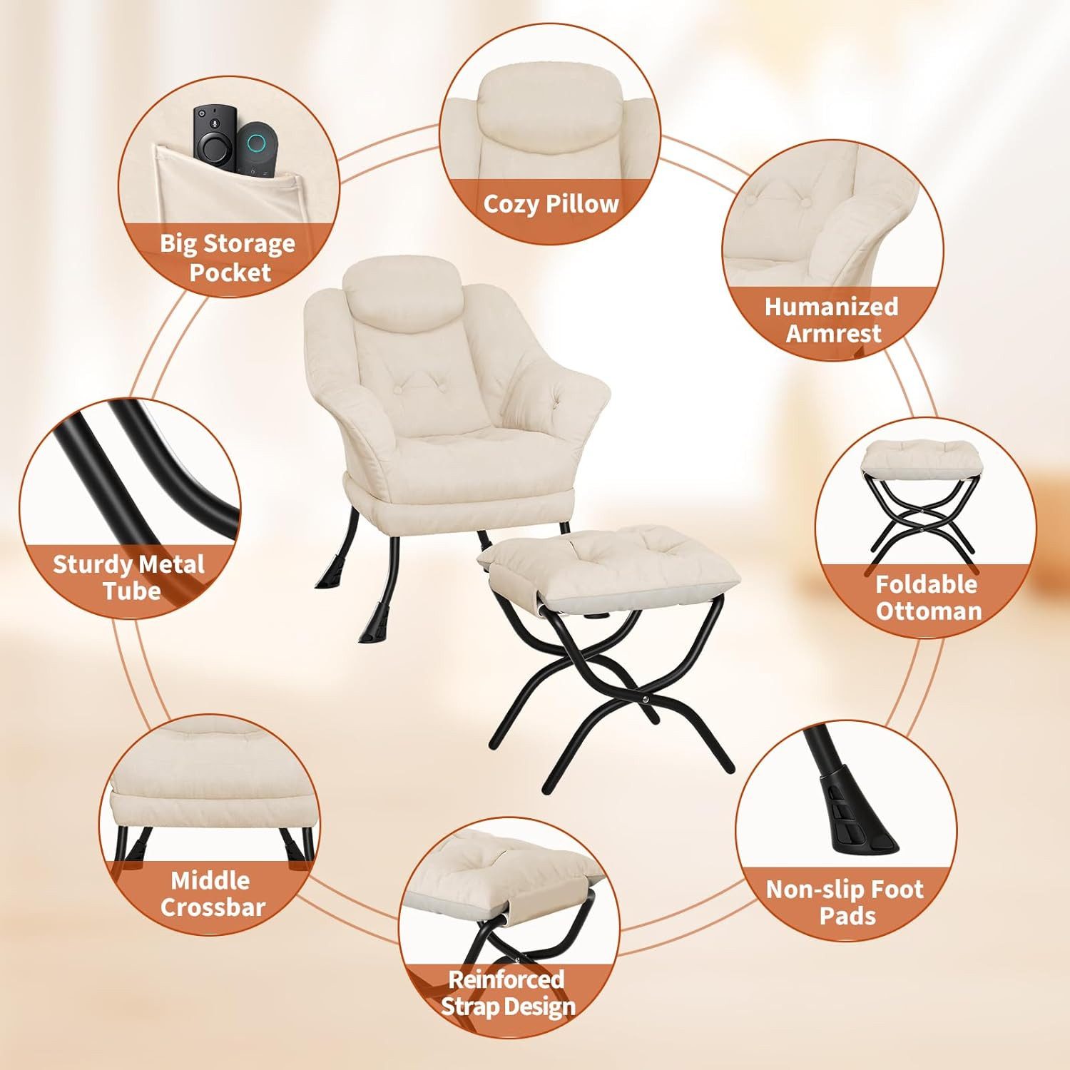 GarveeMore Ohrensessel mit klappbarem FußHocker,bequeme Lounge-Sessel, Relaxsessel für kleine Wohnungen,Wohnzimmer und Schlafzimmer