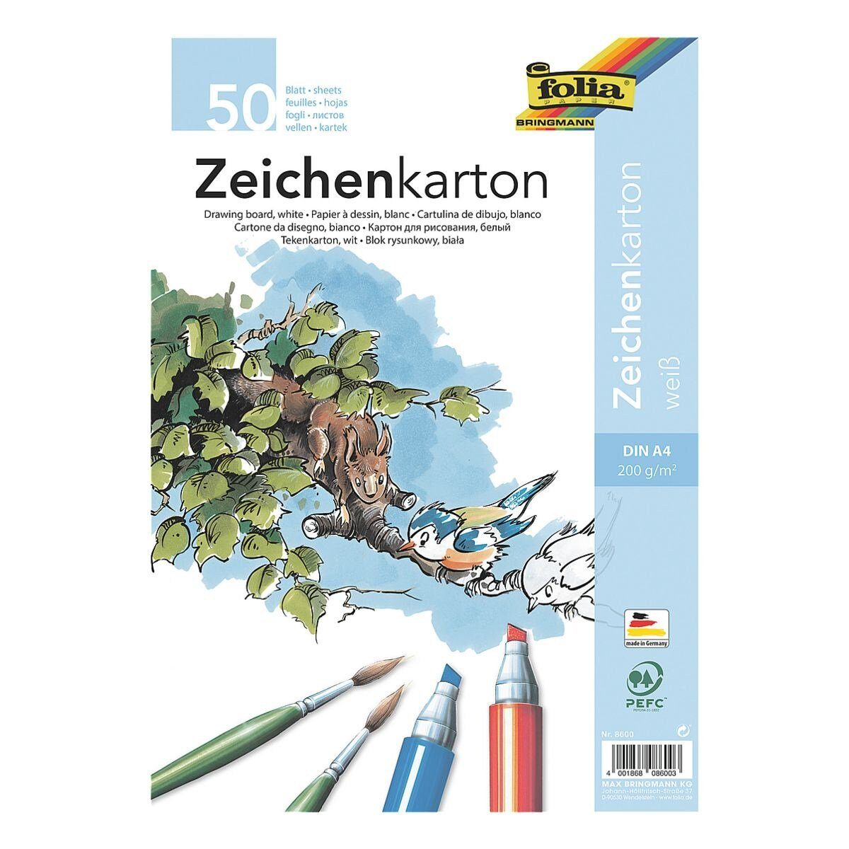 Folia Zeichenkartonblock, DIN A4, 50 Blatt, Grammatur 200 g/m²