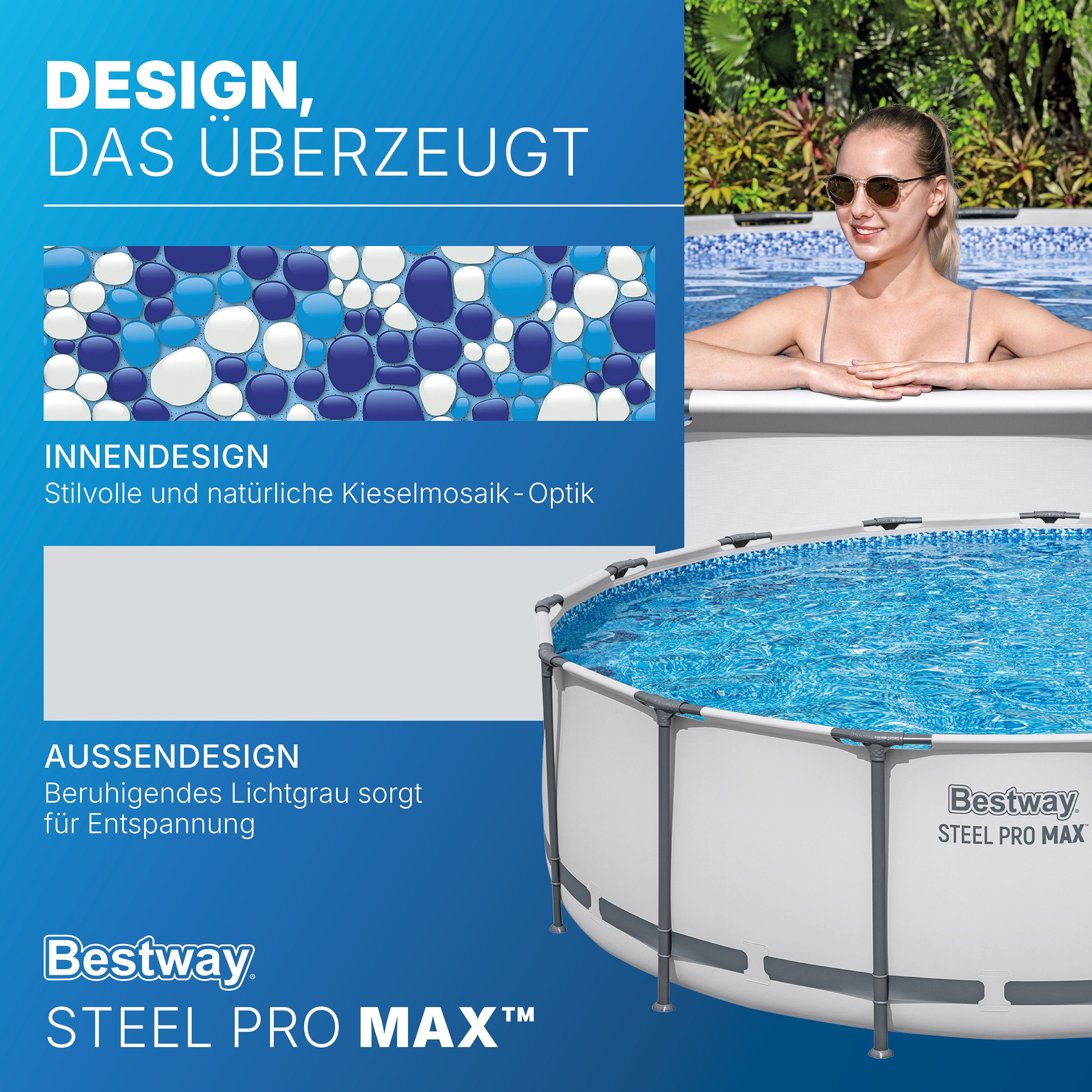 Bestway Framepool Steel Pro MAX™ (Set, Inkl. Filterpumpe, Sicherheitsleiter, Abdeckplane), Ø 457 x 122 cm