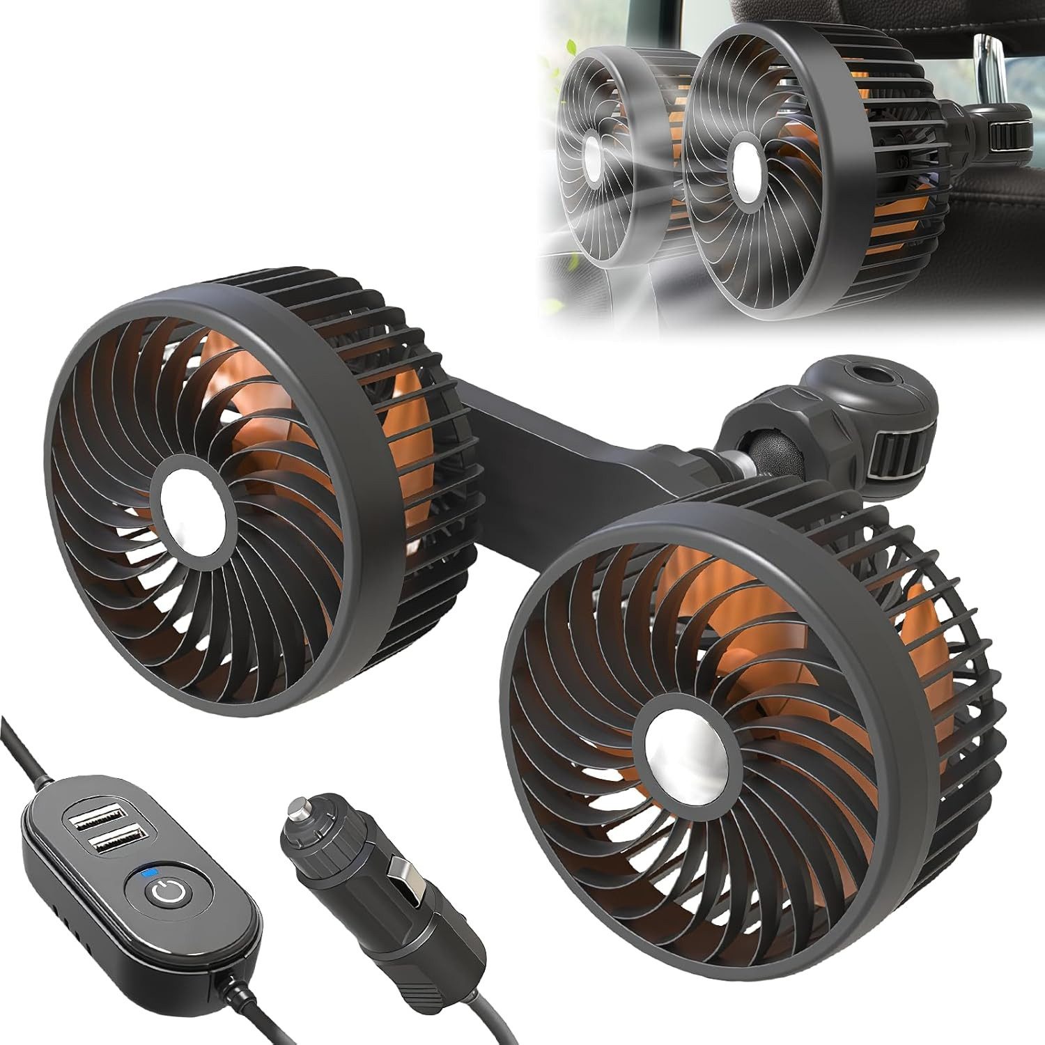 QUBEBU Mini USB-Ventilator Auto Ventilator Rücksitz 12V24V Auto Kfz Lüfter mit Zigarettenanzünder, Mini Ventilator Auto Innenrau für Lkw, Van, Suv, Rv