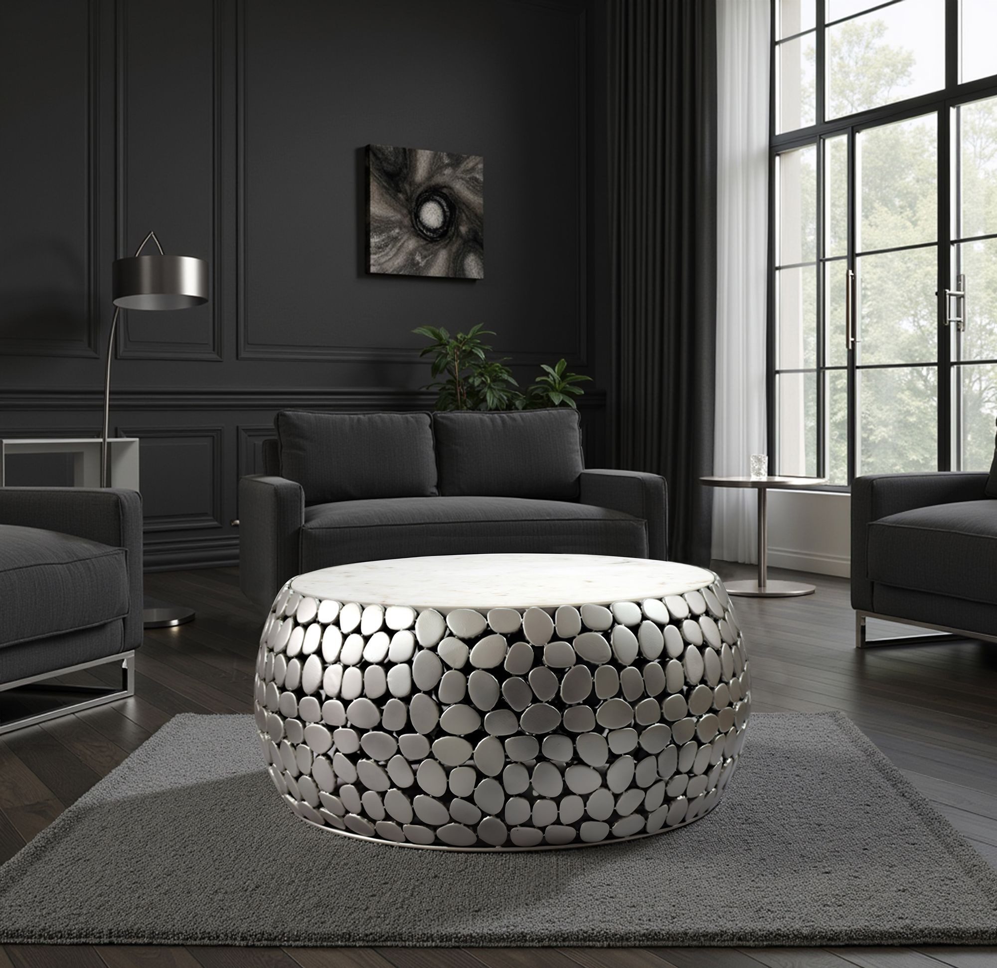 FINEBUY Couchtisch FB73730 Couchtisch rund Aluminium silber 66cm Marmor Woh günstig online kaufen