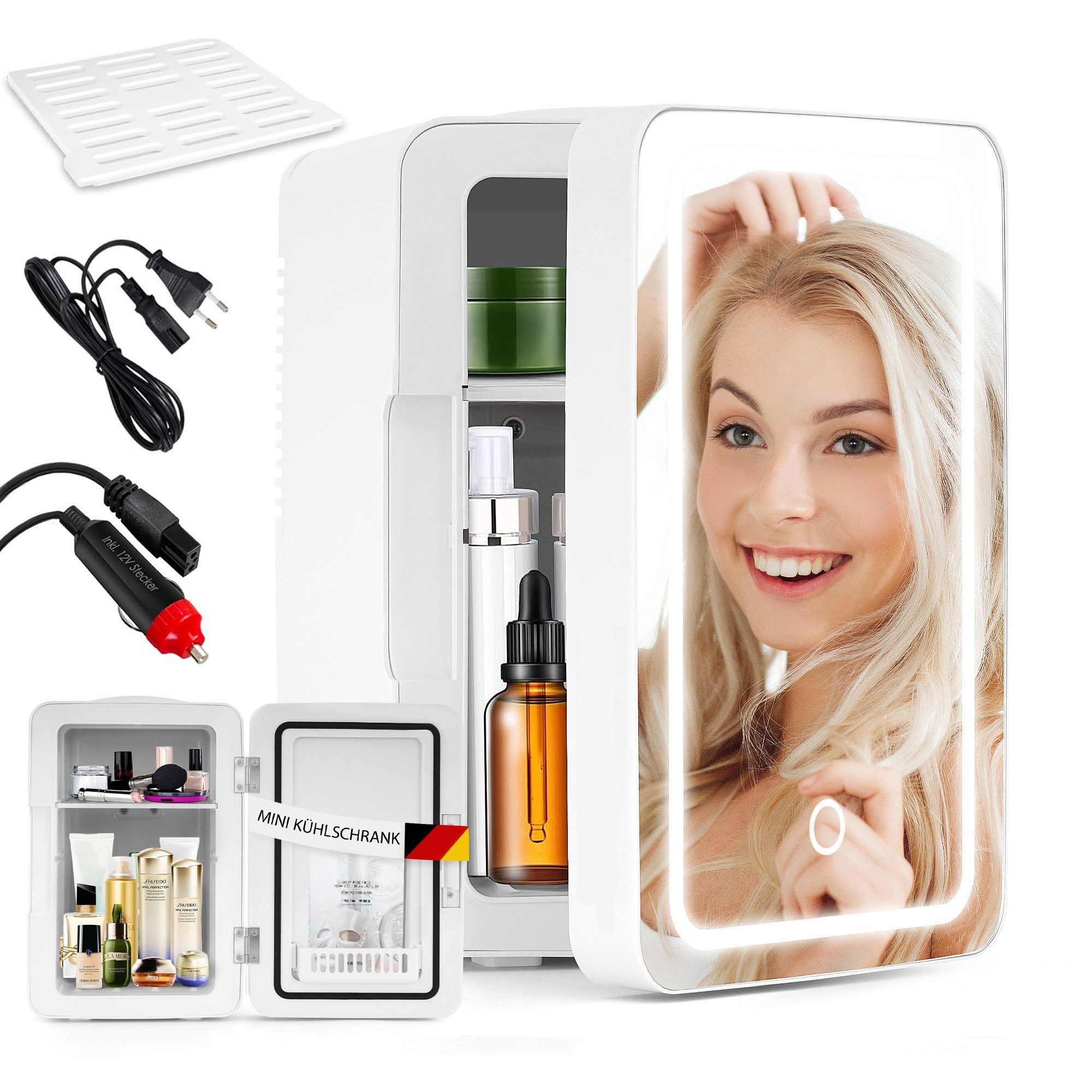 ZMH Kühlbox Kühlschränke Klein 12V 230V Läuft Leise Skincare Kühlschrank, 6 l, mit Spiegel & LED-Beleuchtung für Kosmetik Schönheitspflege-Kosmetik