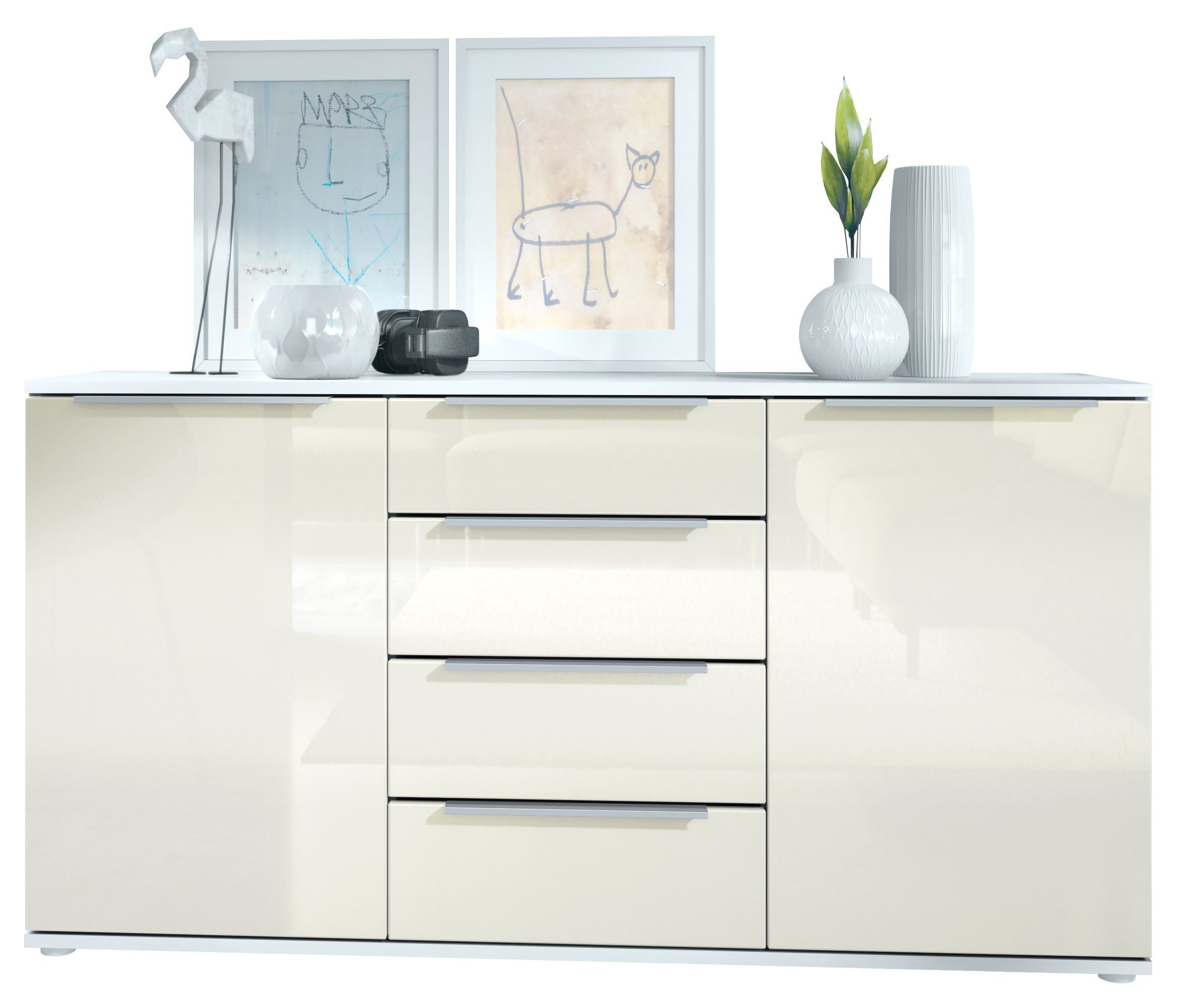 Vladon Sideboard Linio (Anrichte, mit 2 Türen und 4 Schubladen), Weiß matt/Creme Hochglanz (139 x 72,5 x 35 cm)