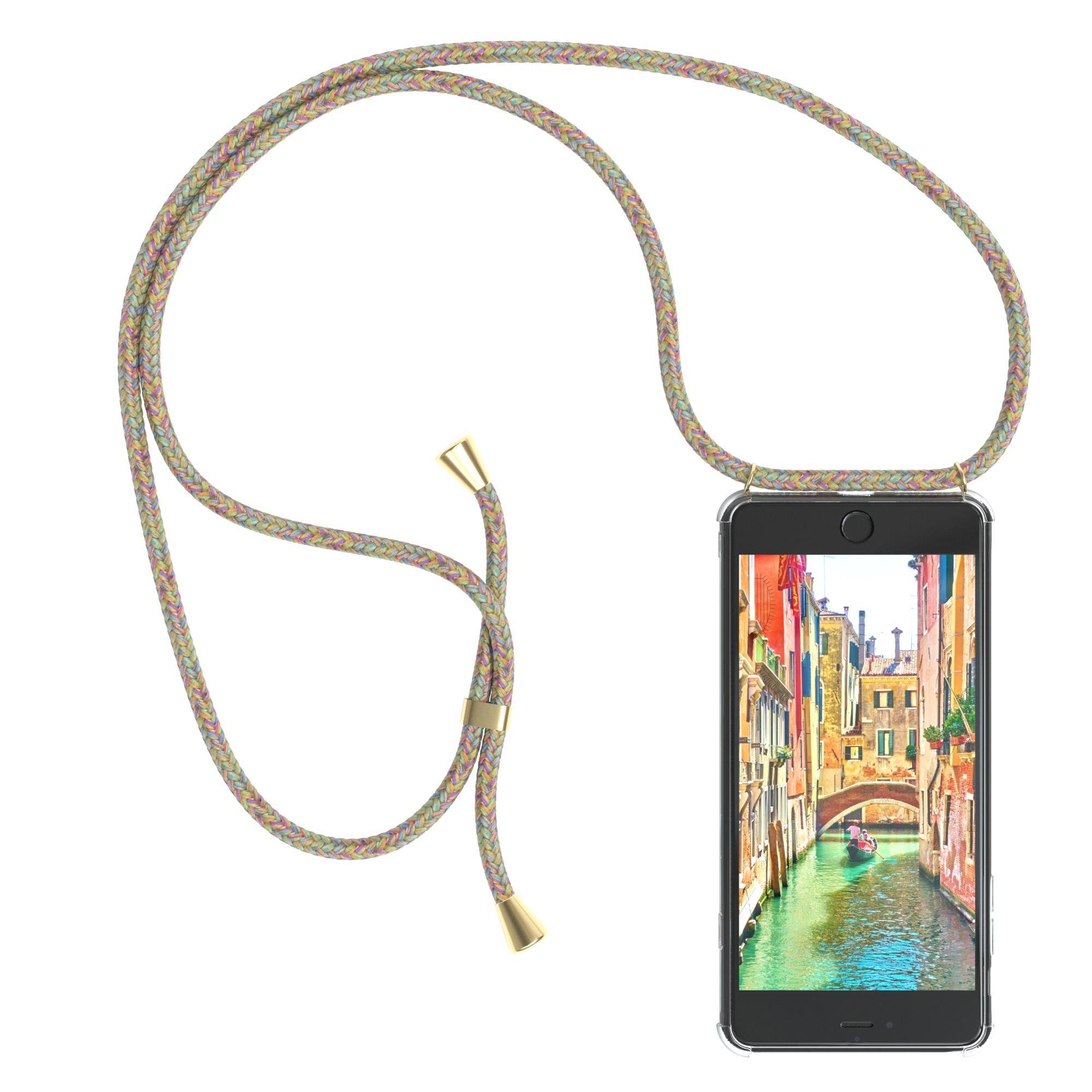 EAZY CASE Handykette Hülle mit Kette für Apple iPhone 8 Plus / 7 Plus 5,5 Zoll, Ketten Hülle Schultergurt Schutz Hülle Tasche mit Band Bunt Clip Gold