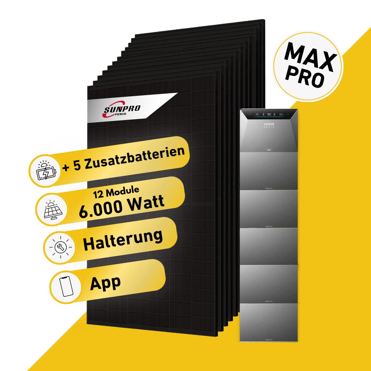 Balkonstrom Balkonkraftwerk MAX Pro 6000 Watt Solaranlage mit Speicher Komplettset Bifazial, 6000 W, Monokristallin, Halterung für Dach, Fassade, Balkon & Garten, App & Plug&Play DE