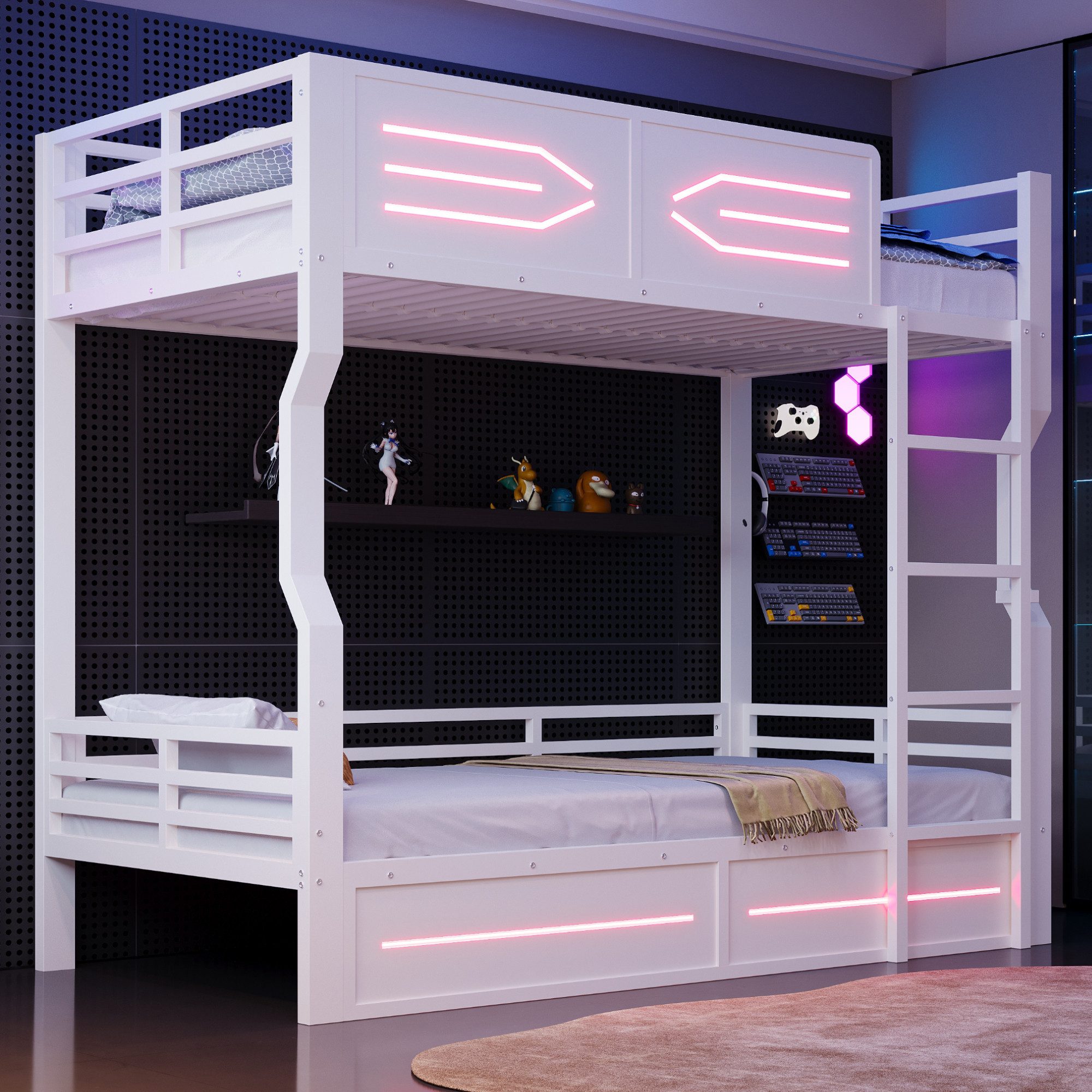 Merax Etagenbett 90x200cm mit LED-Beleuchtung, Hochbett Eisenbett (1-St), Metallbett Stockbett Kinderbett mit Sicherheitsgitter und Leiter – Bild 3 von 5