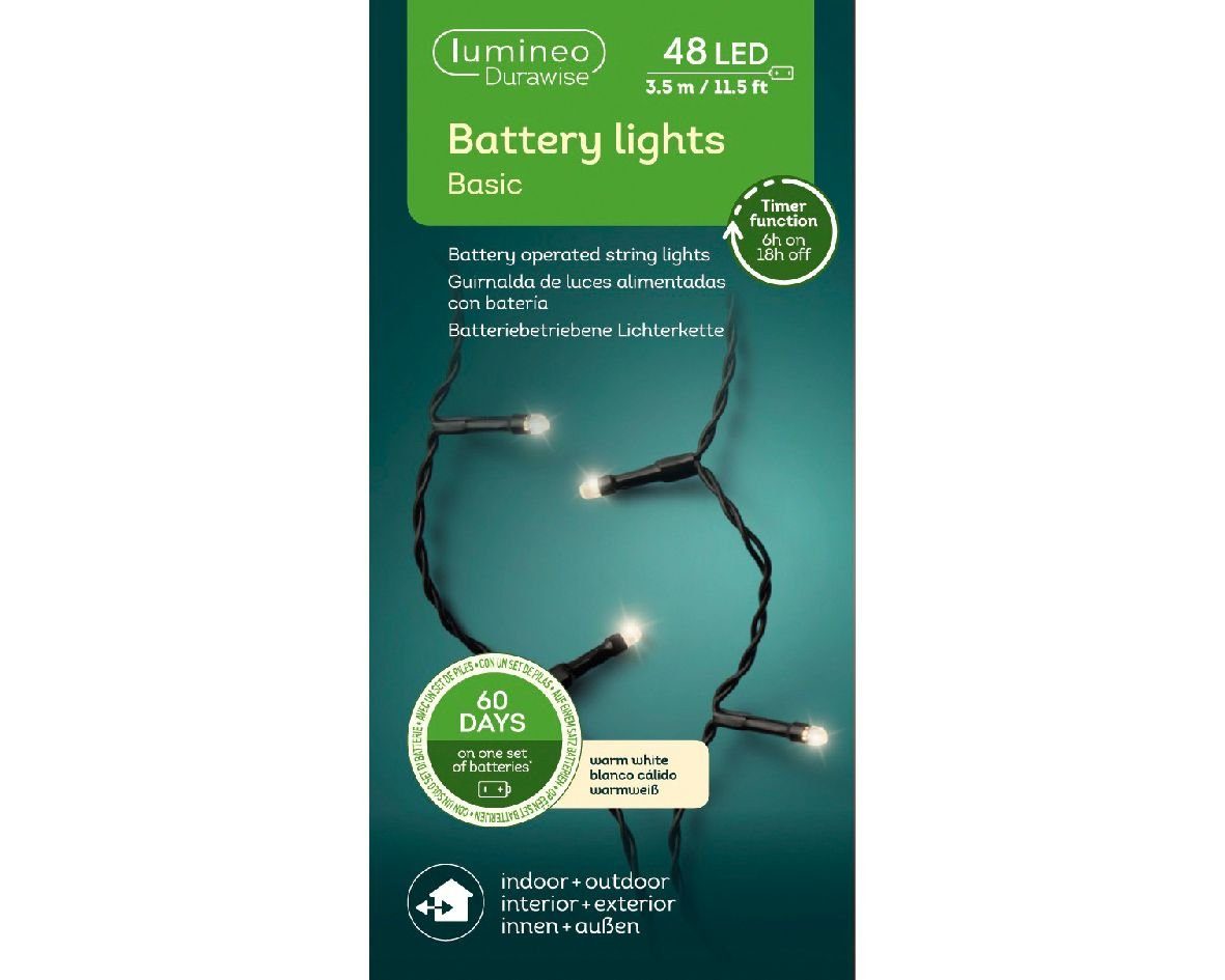 Lumineo LED-Lichterkette Lumineo Durawise Basic 48 LED 3,5 m warm weiß,  Batteriebetrieben, Indoor & Outdoor, Timer, Batteriebetrieben