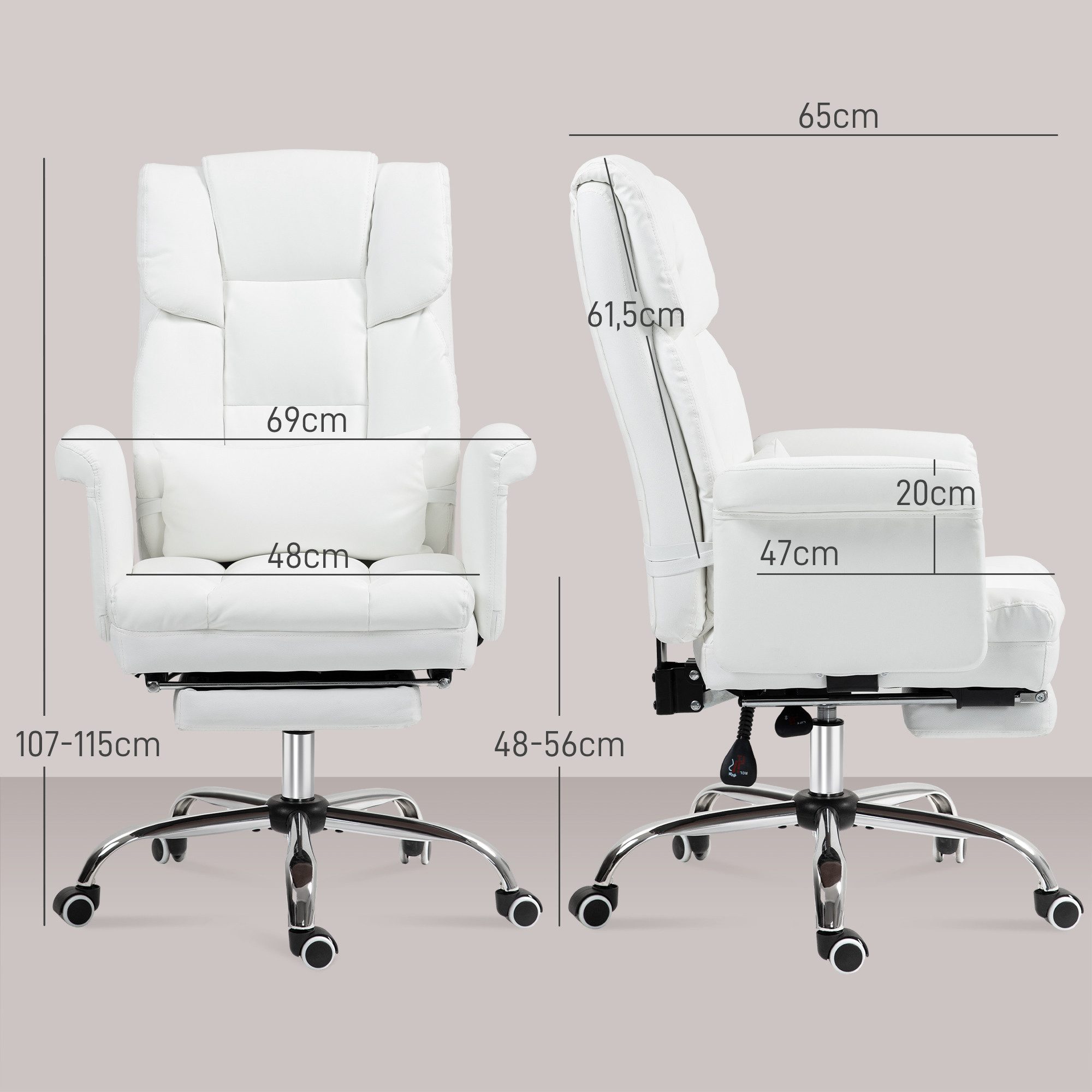 HOMCOM Schreibtischstuhl Bürostuhl Ergonomischer mit Lendenwirbelstütze, Drehstuhl (Computerstuhl, 1 St), für Home-Office, Kunstleder, Weiß