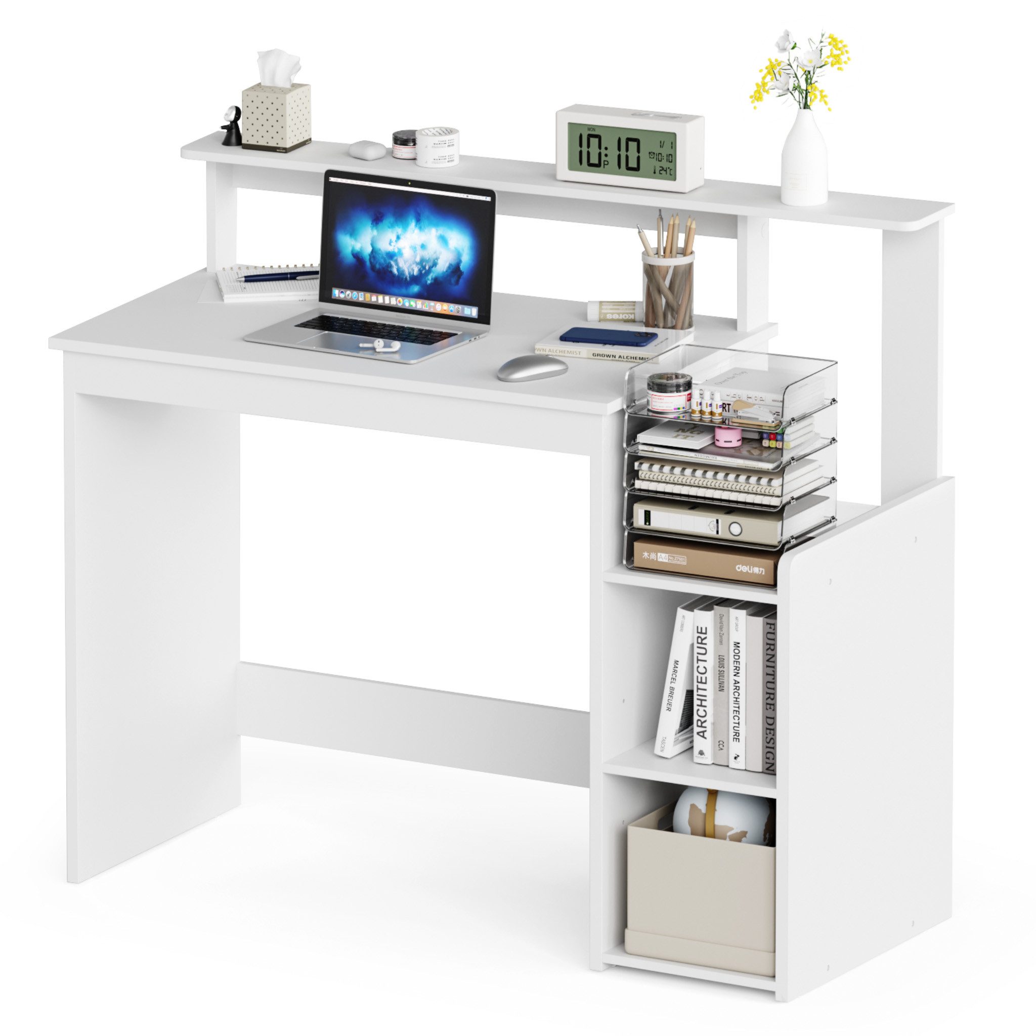Mondeer Schreibtisch Computertisch, mit verstellbarem Ablagefach, Monitorhalterung, 110 x 48 x 93 cm, weiß